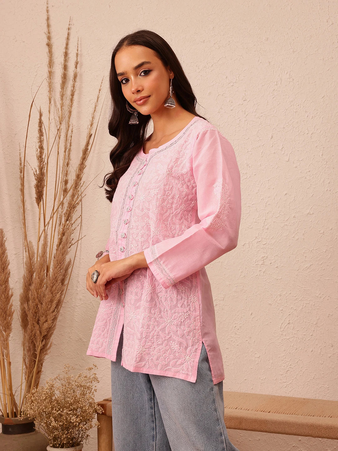 Ada Hand Embroidered Pink Cotton Lucknowi Chikankari Short Kurti With Zari Work A911202