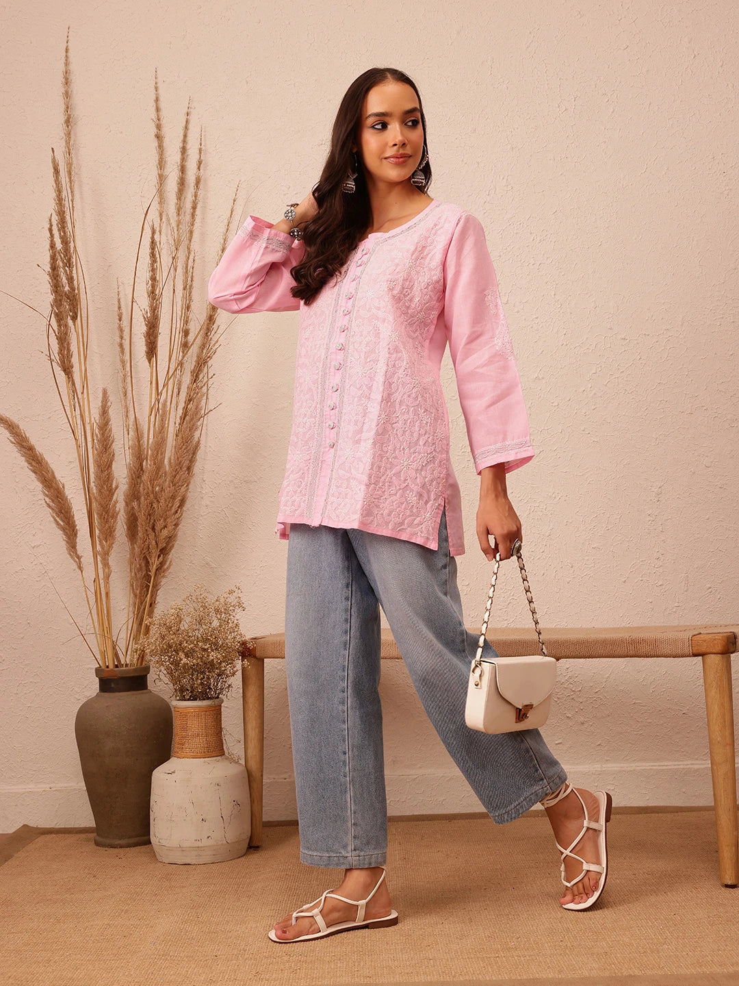 Ada Hand Embroidered Pink Cotton Lucknowi Chikankari Short Kurti With Zari Work A911202