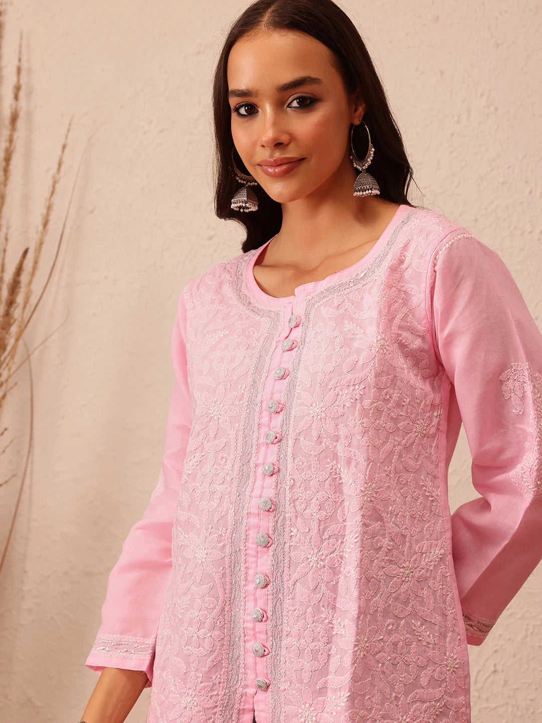 Ada Hand Embroidered Pink Cotton Lucknowi Chikankari Short Kurti With Zari Work A911202