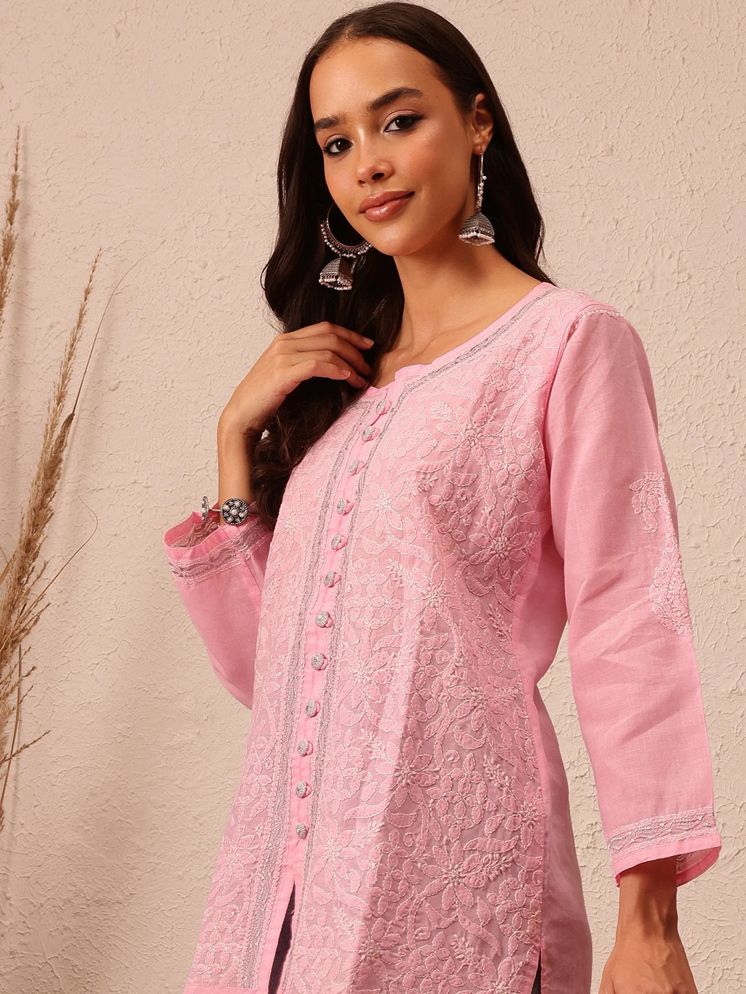 Ada Hand Embroidered Pink Cotton Lucknowi Chikankari Short Kurti With Zari Work A911202