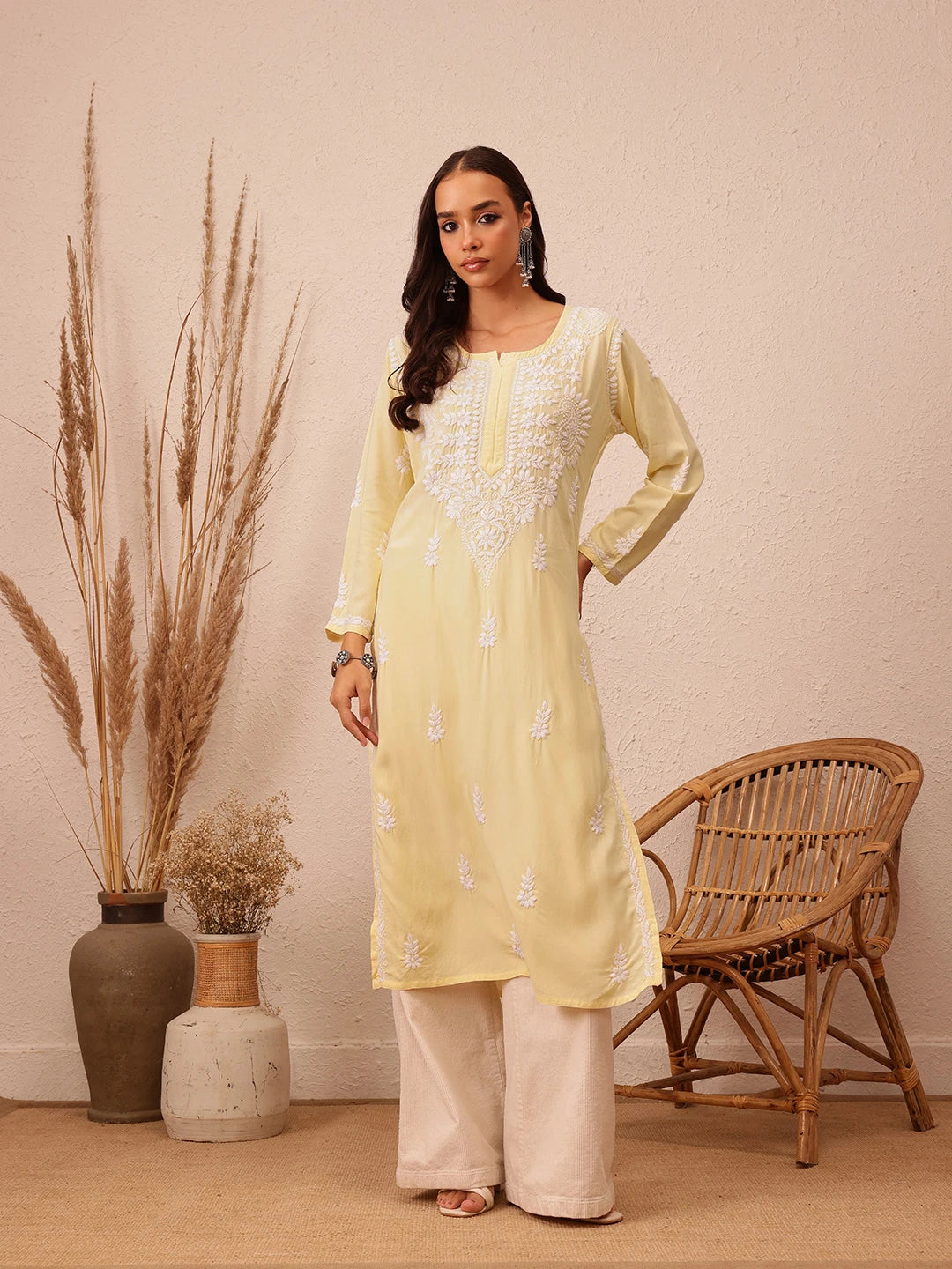 Ada Hand Embroidered Champagne Yellow Rayon Lucknowi Chikankari Straight Kurta A411493