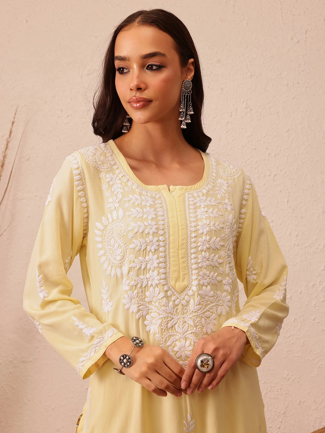 Ada Hand Embroidered Champagne Yellow Rayon Lucknowi Chikankari Straight Kurta A411493