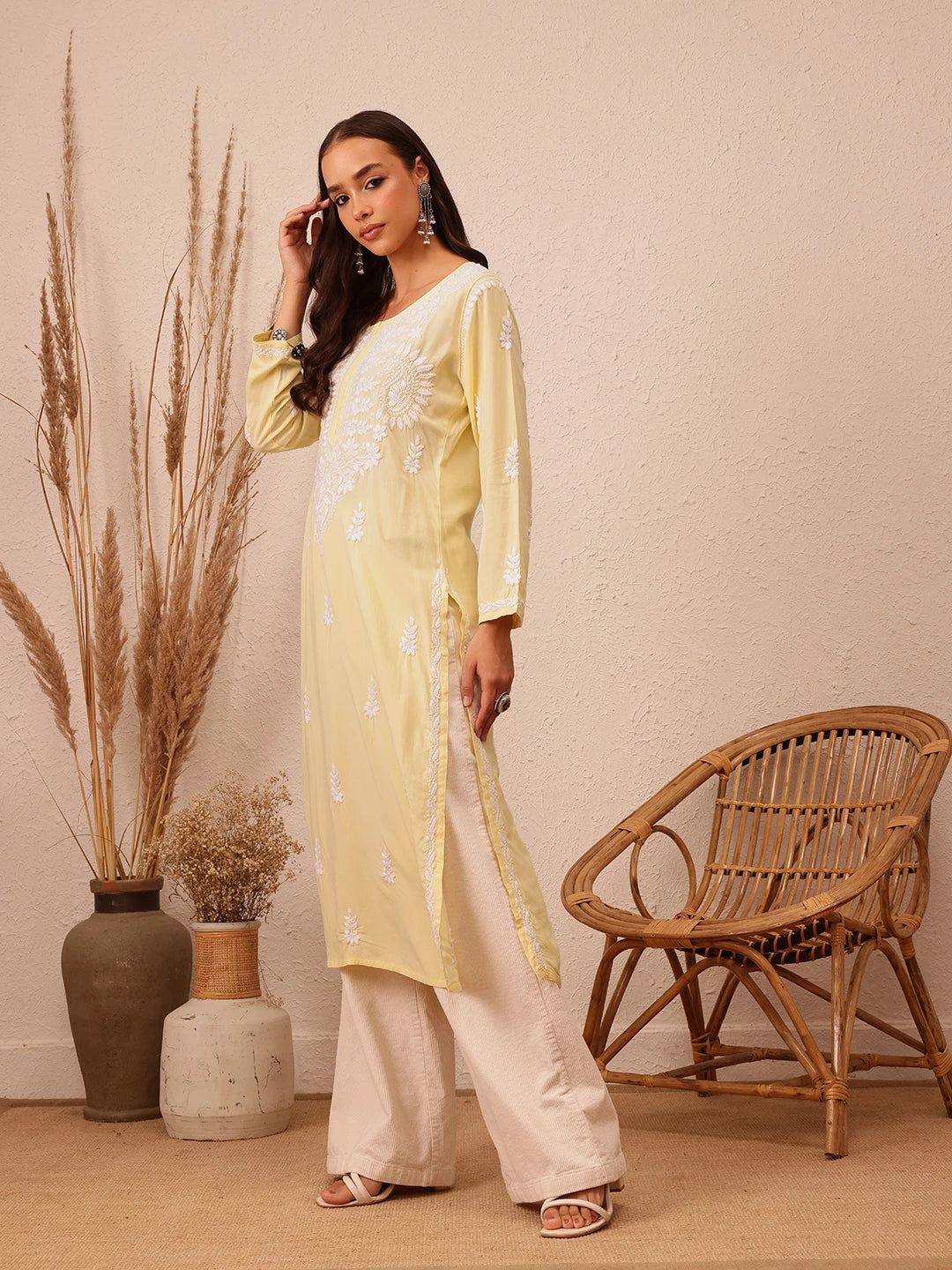 Ada Hand Embroidered Champagne Yellow Rayon Lucknowi Chikankari Straight Kurta A411493