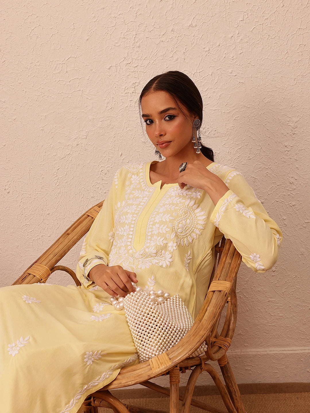 Ada Hand Embroidered Champagne Yellow Rayon Lucknowi Chikankari Straight Kurta A411493