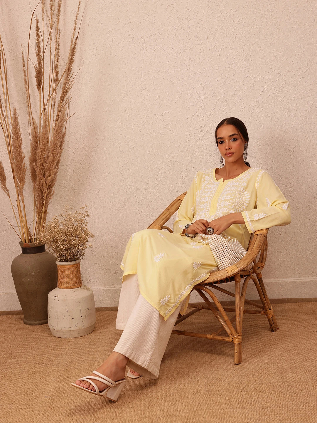 Ada Hand Embroidered Champagne Yellow Rayon Lucknowi Chikankari Straight Kurta A411493