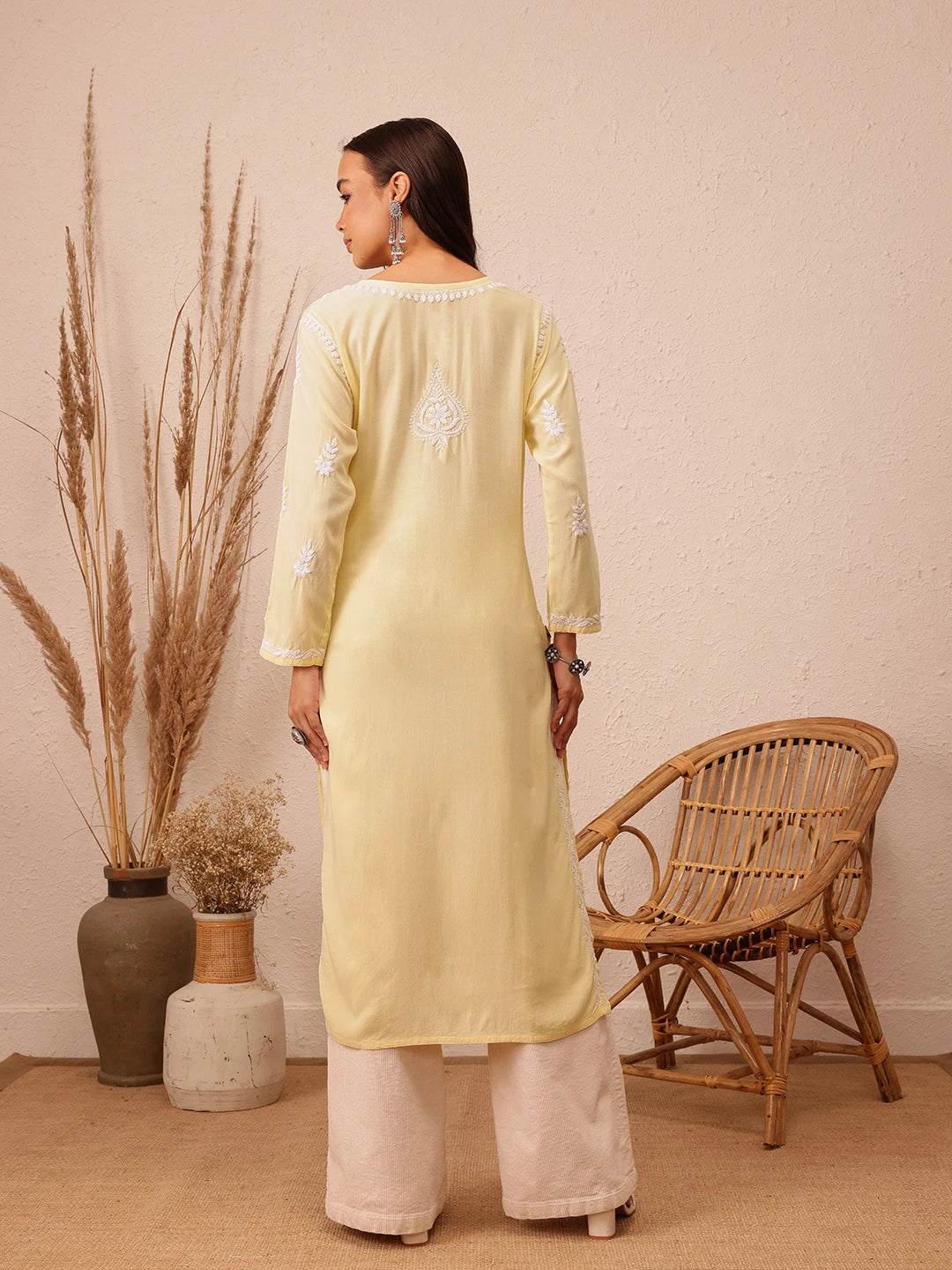 Ada Hand Embroidered Champagne Yellow Rayon Lucknowi Chikankari Straight Kurta A411493
