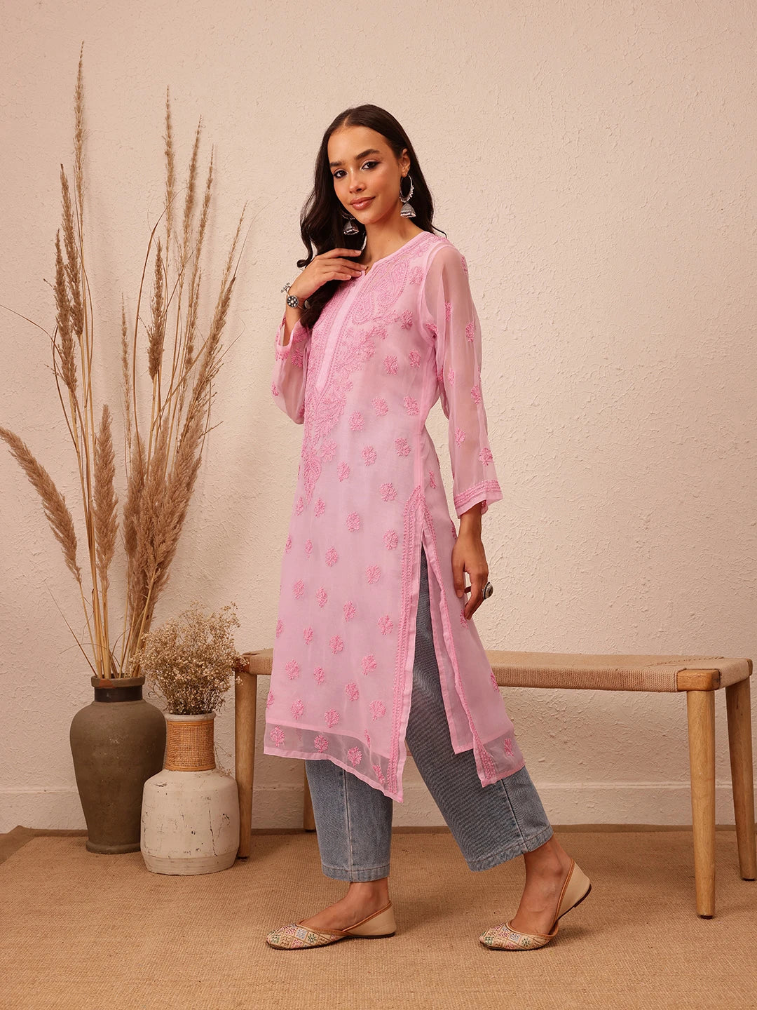Ada Hand Embroidered Pink Georgette Lucknowi Chikankari Straight Kurta With Slip A100282