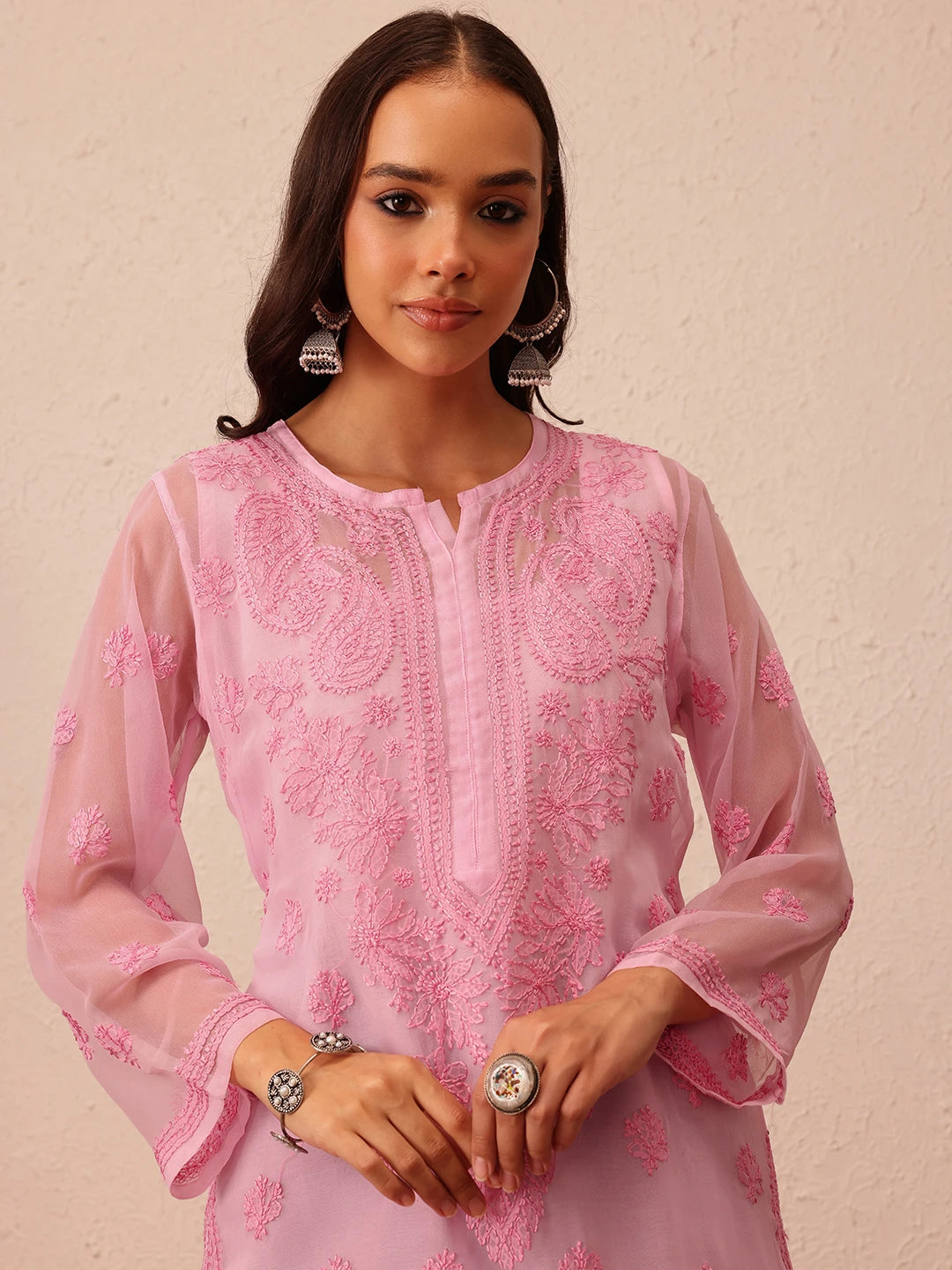 Ada Hand Embroidered Pink Georgette Lucknowi Chikankari Straight Kurta With Slip A100282