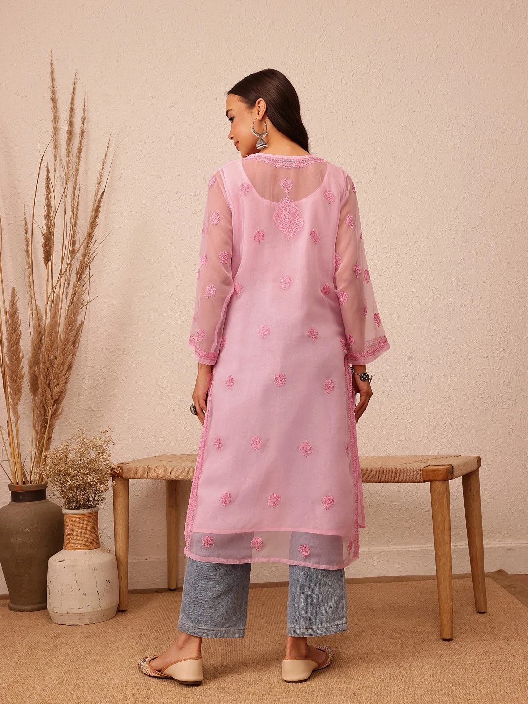 Ada Hand Embroidered Pink Georgette Lucknowi Chikankari Straight Kurta With Slip A100282