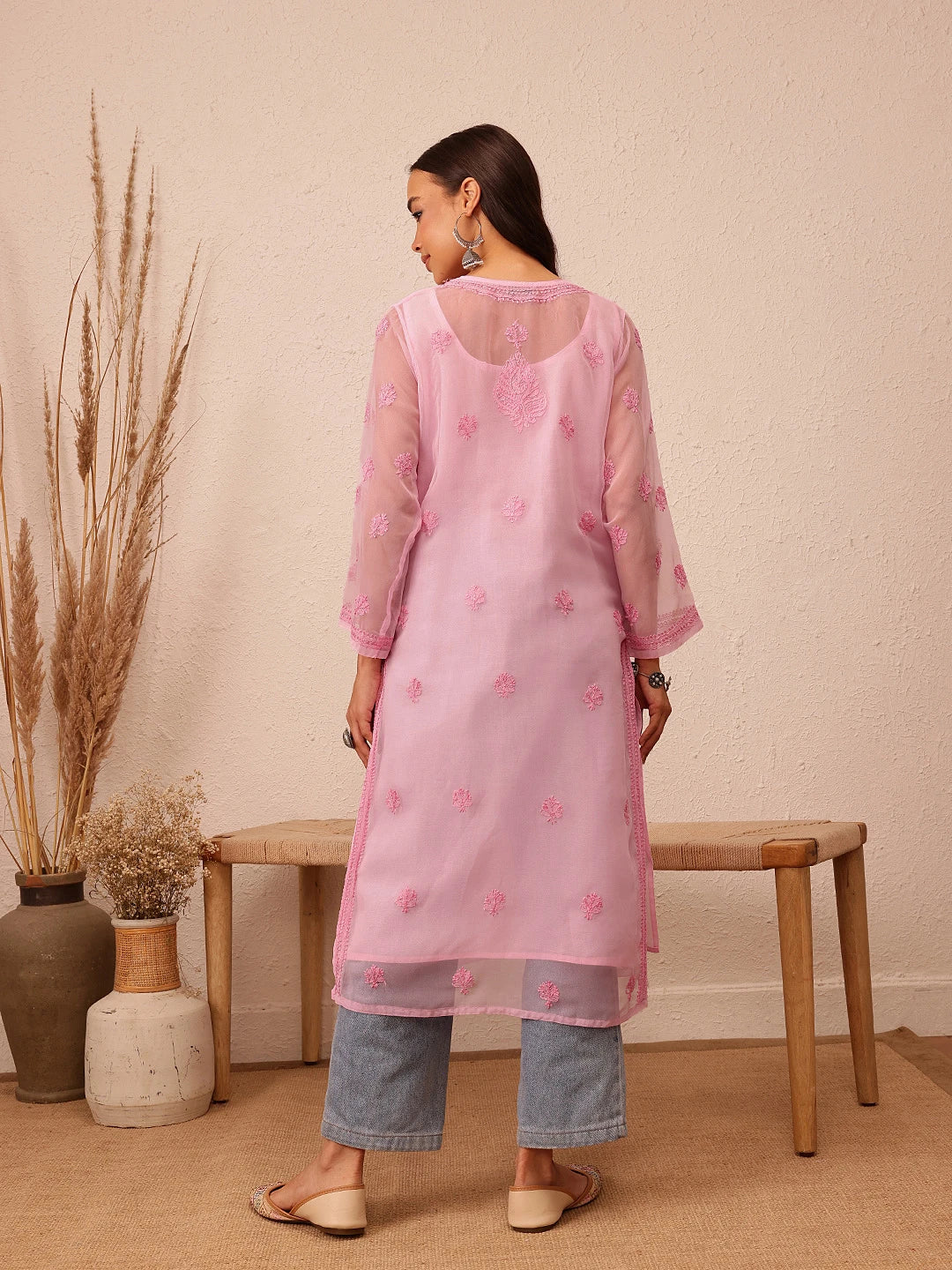 Ada Hand Embroidered Pink Georgette Lucknowi Chikankari Straight Kurta With Slip A100282
