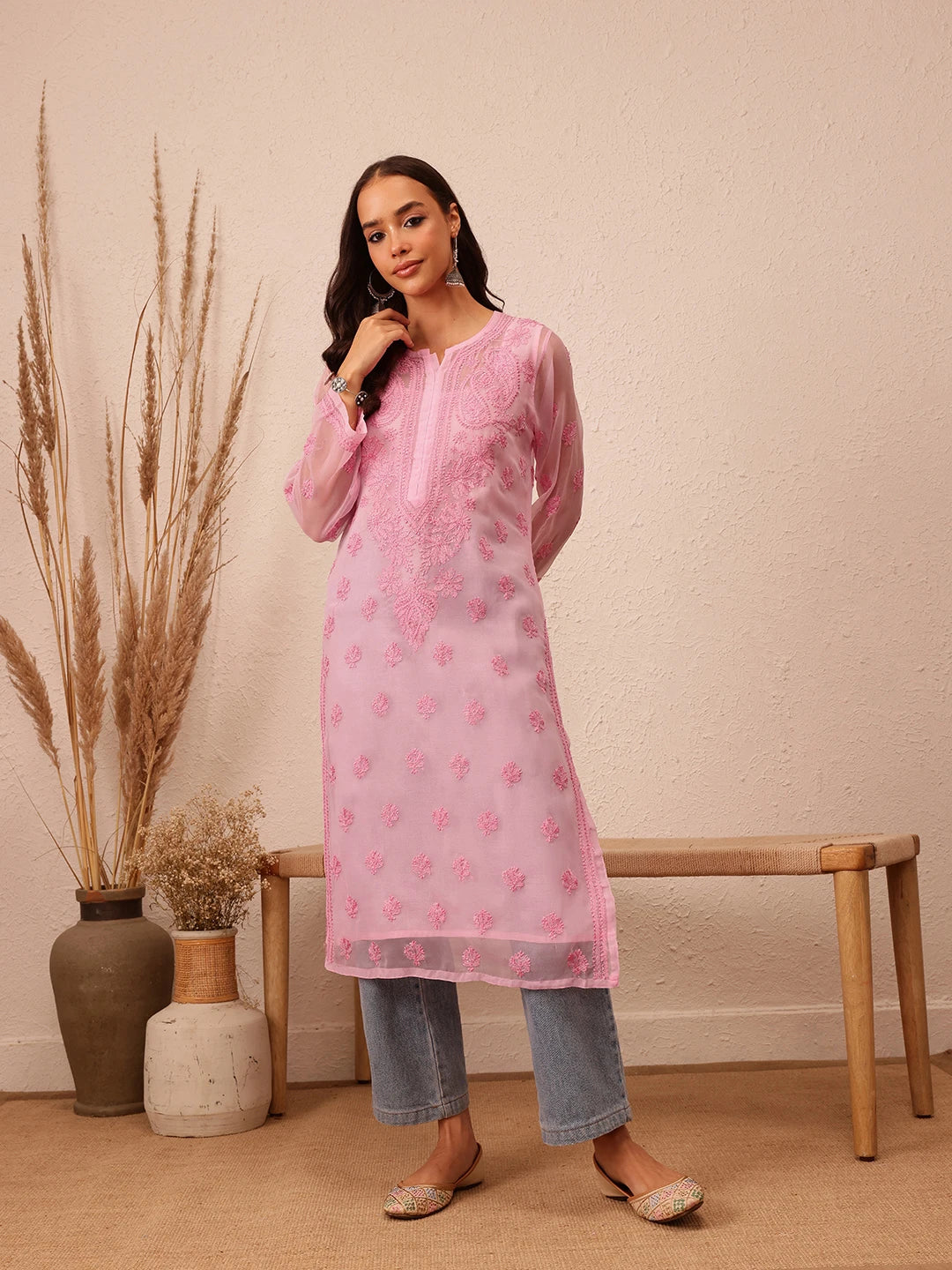 Ada Hand Embroidered Pink Georgette Lucknowi Chikankari Straight Kurta With Slip A100282