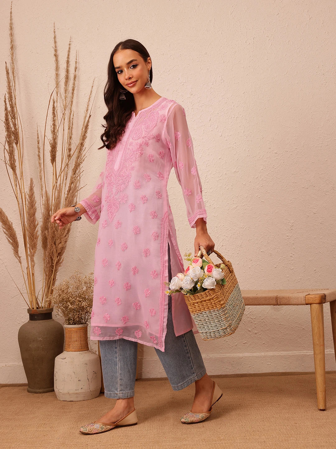 Ada Hand Embroidered Pink Georgette Lucknowi Chikankari Straight Kurta With Slip A100282