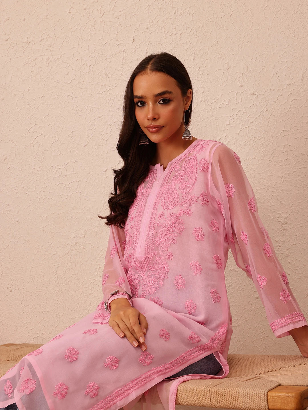Ada Hand Embroidered Pink Georgette Lucknowi Chikankari Straight Kurta With Slip A100282