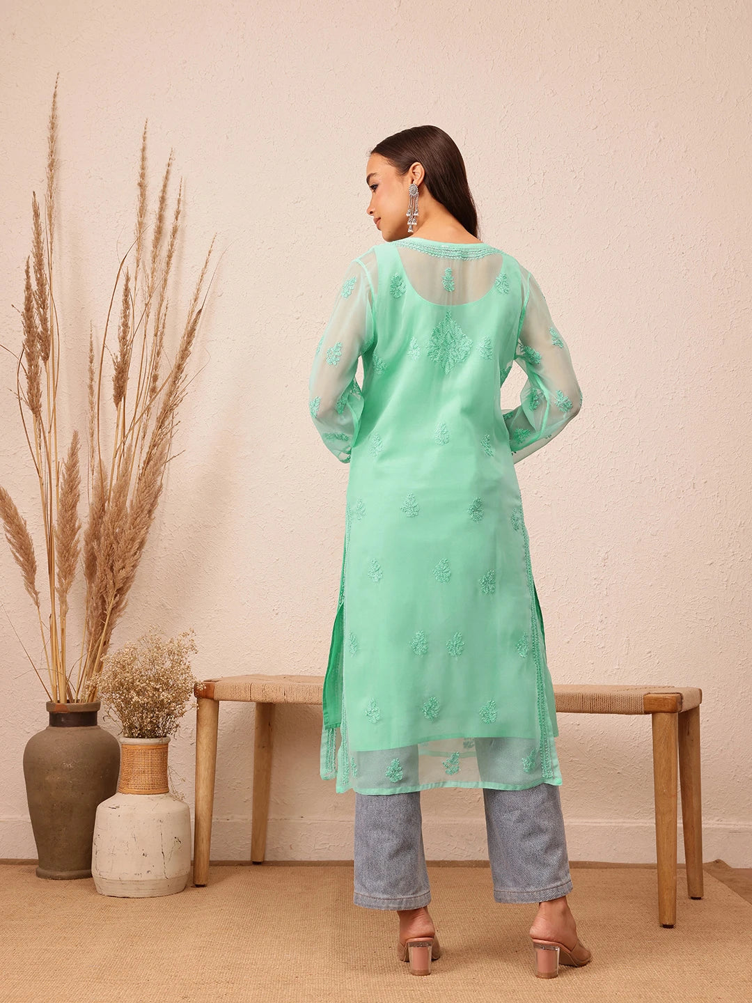 Ada Hand Embroidered Sea Green Georgette Lucknowi Chikankari Straight Kurta With Slip A130756