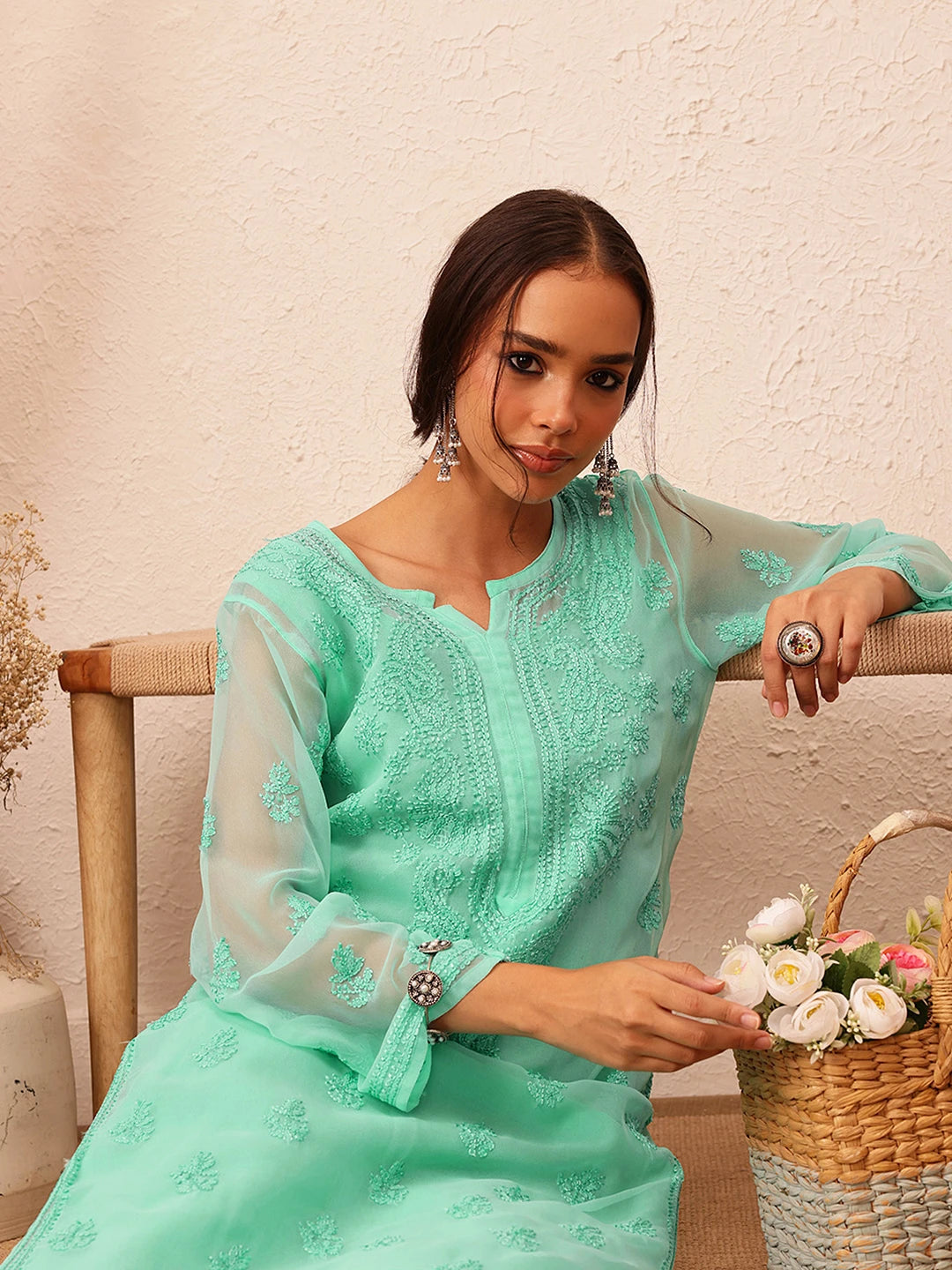 Ada Hand Embroidered Sea Green Georgette Lucknowi Chikankari Straight Kurta With Slip A130756