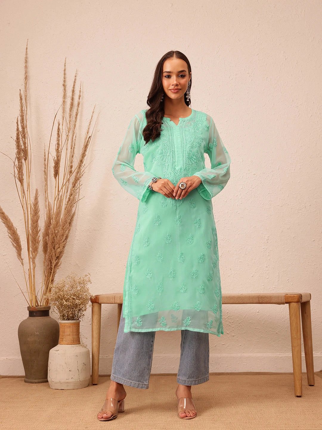 Ada Hand Embroidered Sea Green Georgette Lucknowi Chikankari Straight Kurta With Slip A130756