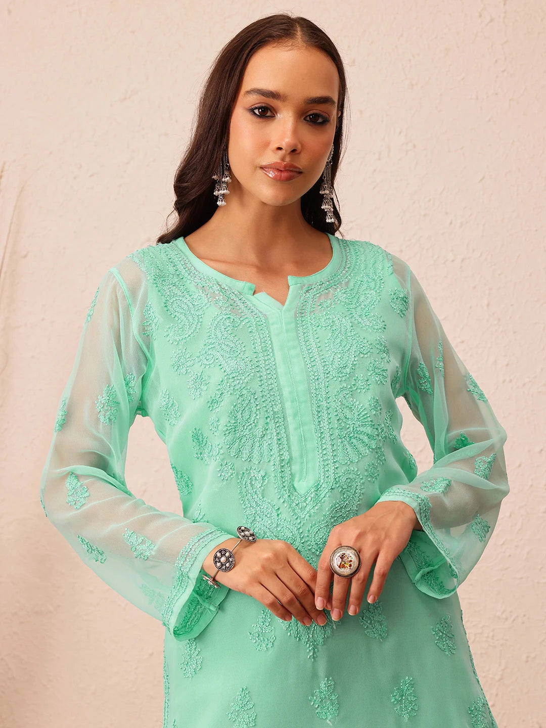 Ada Hand Embroidered Sea Green Georgette Lucknowi Chikankari Straight Kurta With Slip A130756