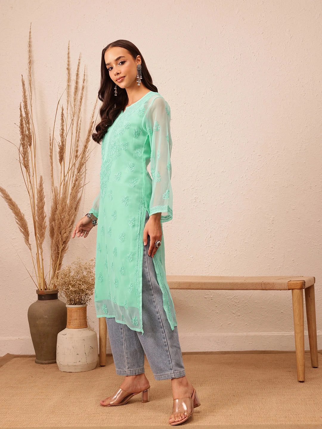 Ada Hand Embroidered Sea Green Georgette Lucknowi Chikankari Straight Kurta With Slip A130756