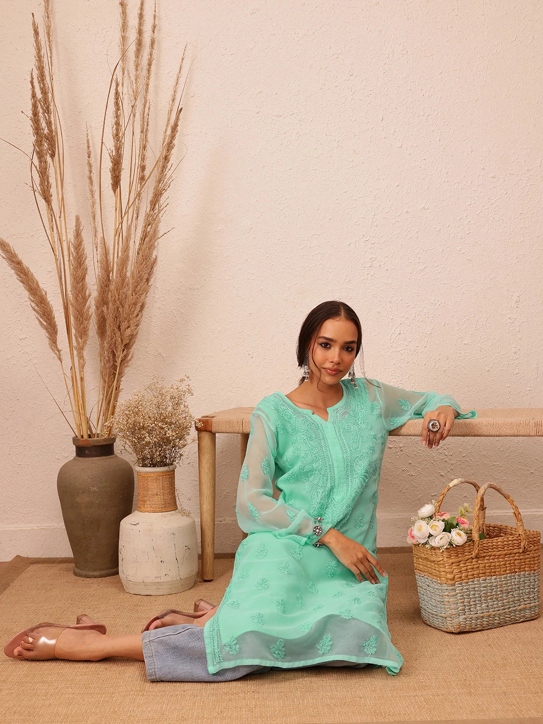 Ada Hand Embroidered Sea Green Georgette Lucknowi Chikankari Straight Kurta With Slip A130756