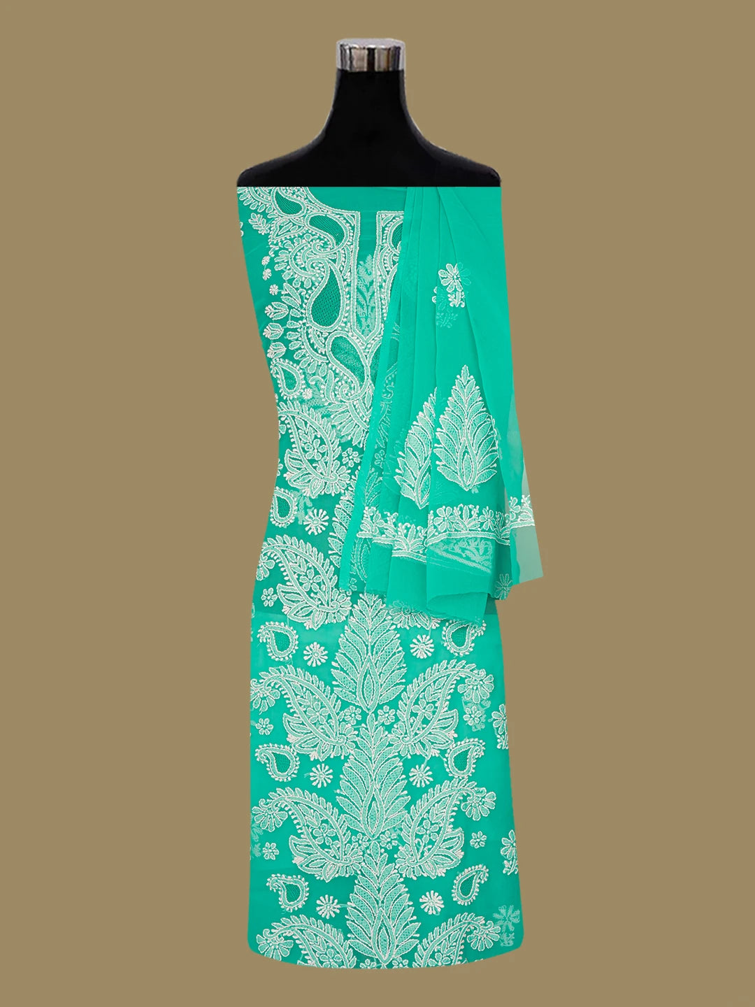 Ada Hand Embroidered Rama Green Georgette Lucknowi Chikankari Unstitched Suit Piece A211360