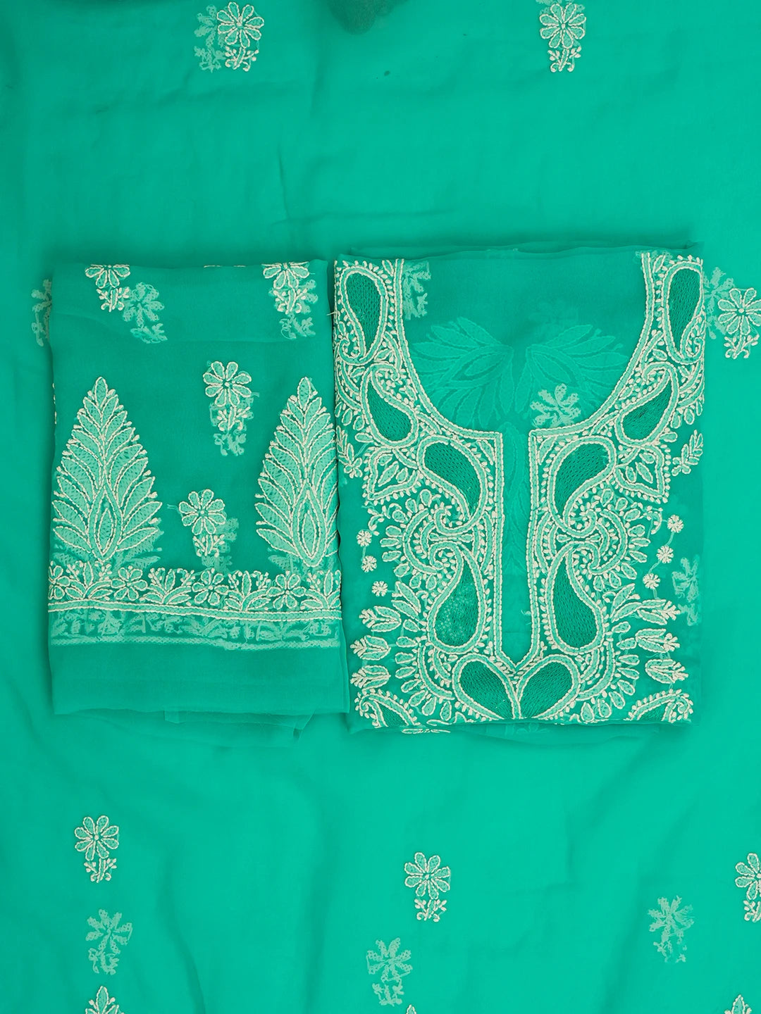 Ada Hand Embroidered Rama Green Georgette Lucknowi Chikankari Unstitched Suit Piece A211360