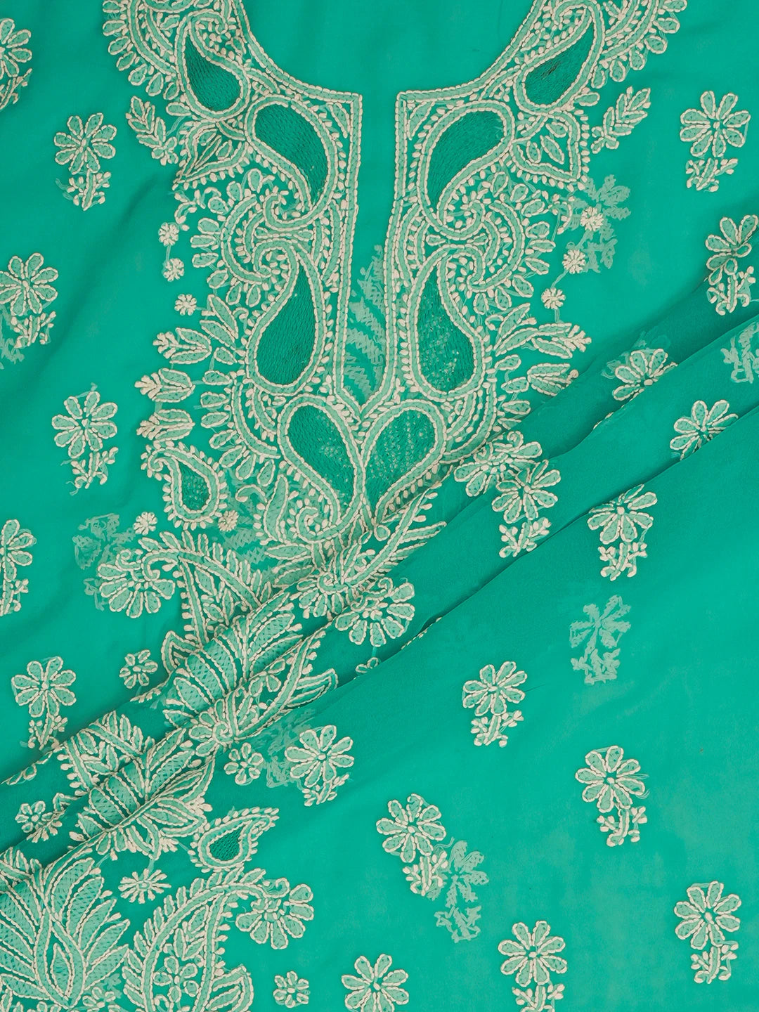 Ada Hand Embroidered Rama Green Georgette Lucknowi Chikankari Unstitched Suit Piece A211360