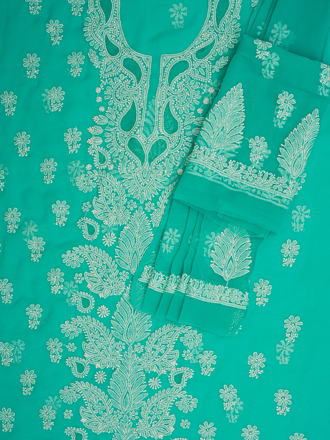 Ada Hand Embroidered Rama Green Georgette Lucknowi Chikankari Unstitched Suit Piece A211360