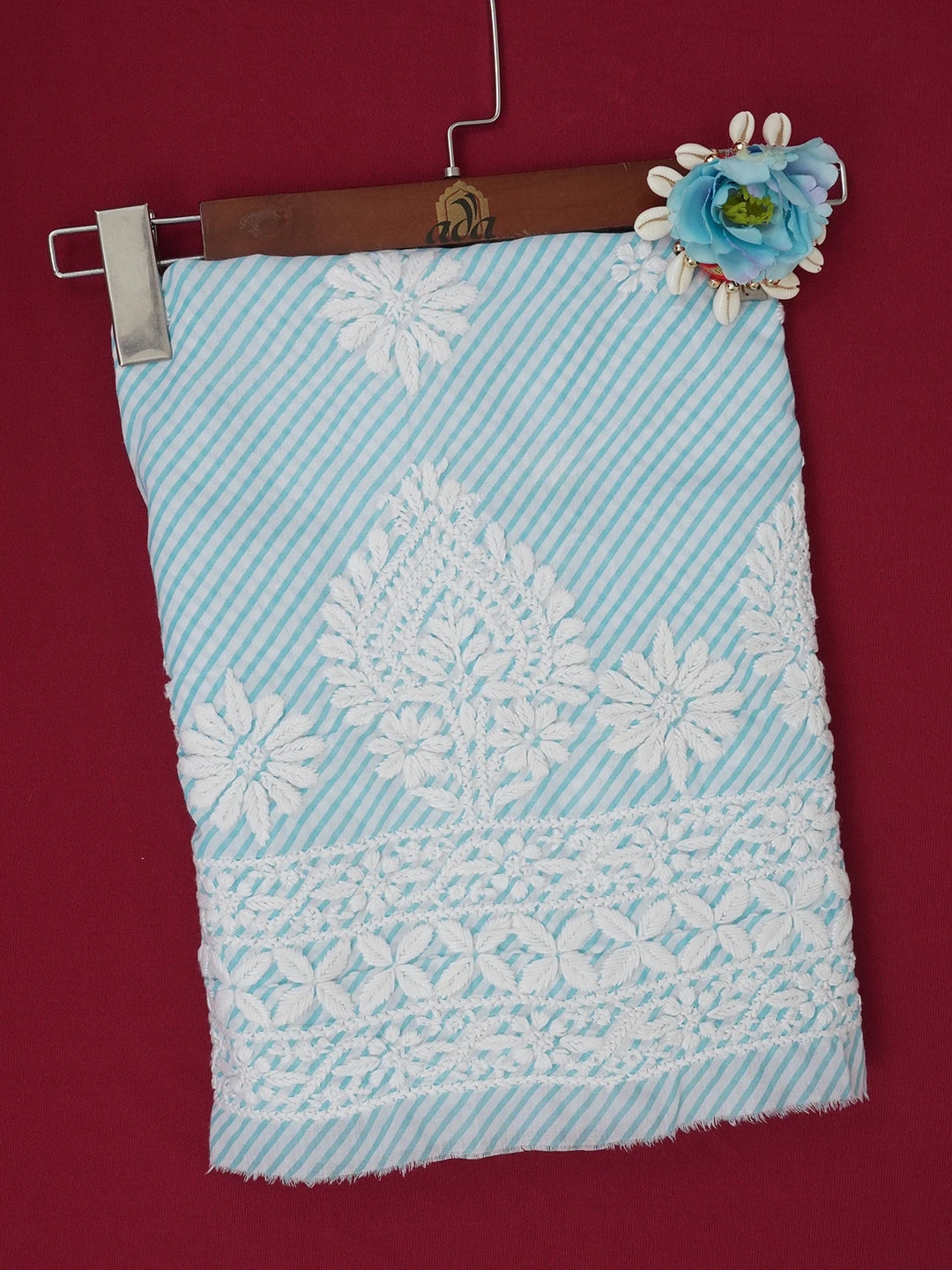 Ada Hand Embroidered Sky Blue and White Lehariya Print Cotton Lucknowi Chikankari Unstitched Kurta Piece 01A658500
