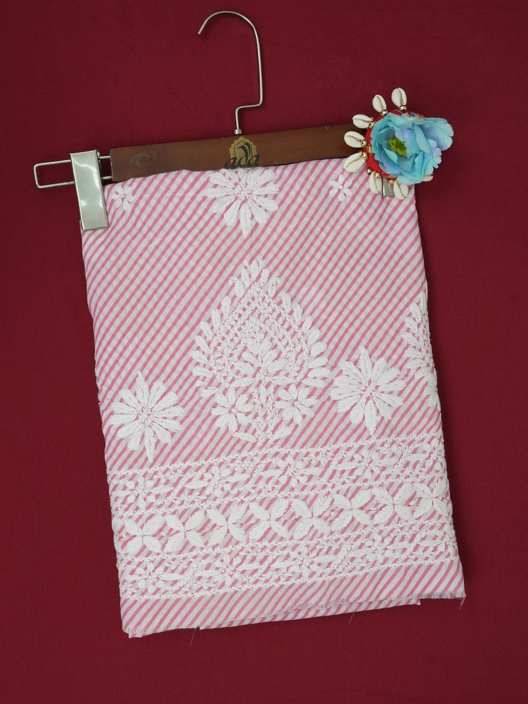 Ada Hand Embroidered Pink and White Lehariya Print Cotton Lucknowi Chikankari Unstitched Kurta Piece 01A658504