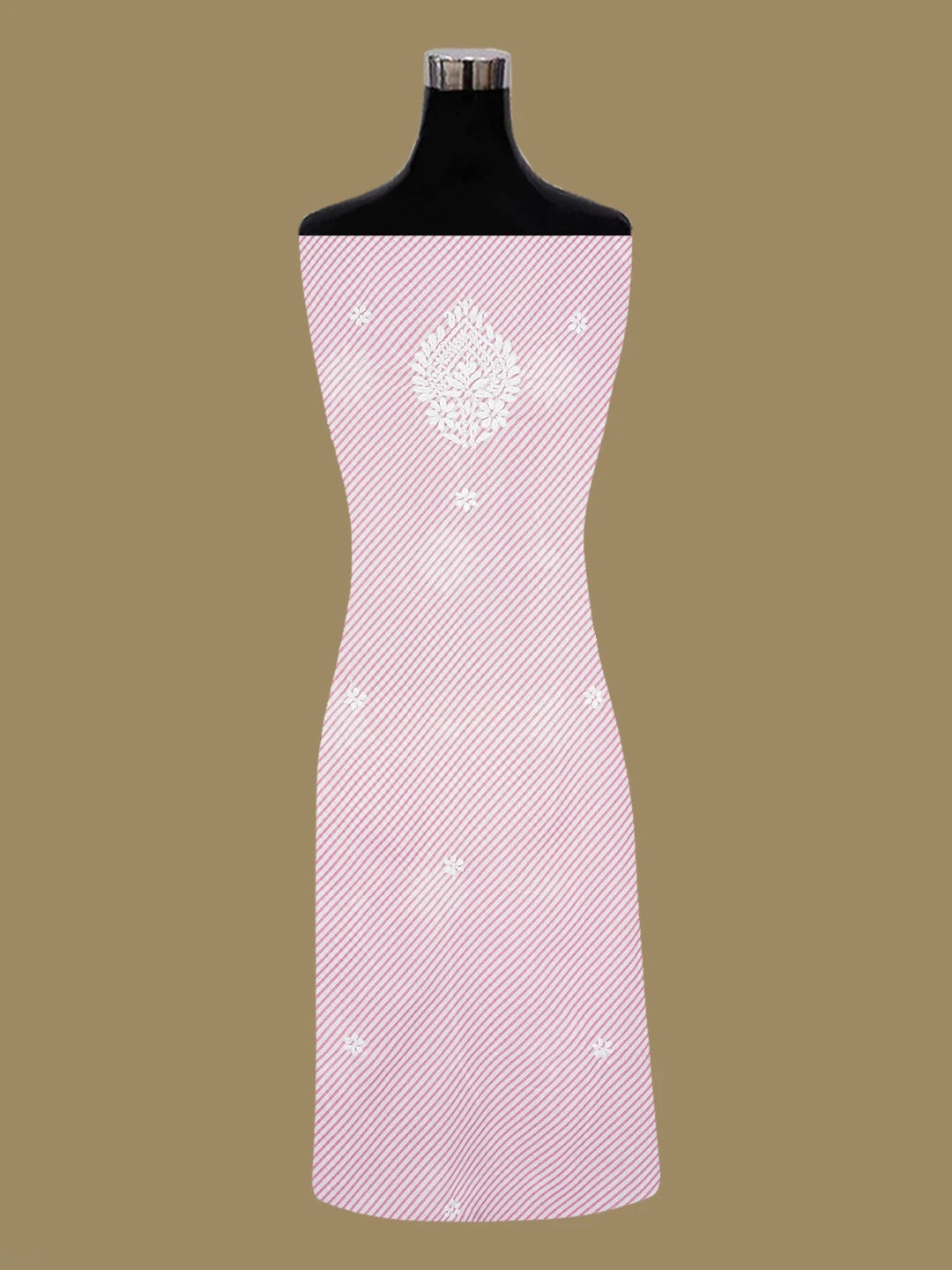 Ada Hand Embroidered Pink and White Lehariya Print Cotton Lucknowi Chikankari Unstitched Kurta Piece 01A658504