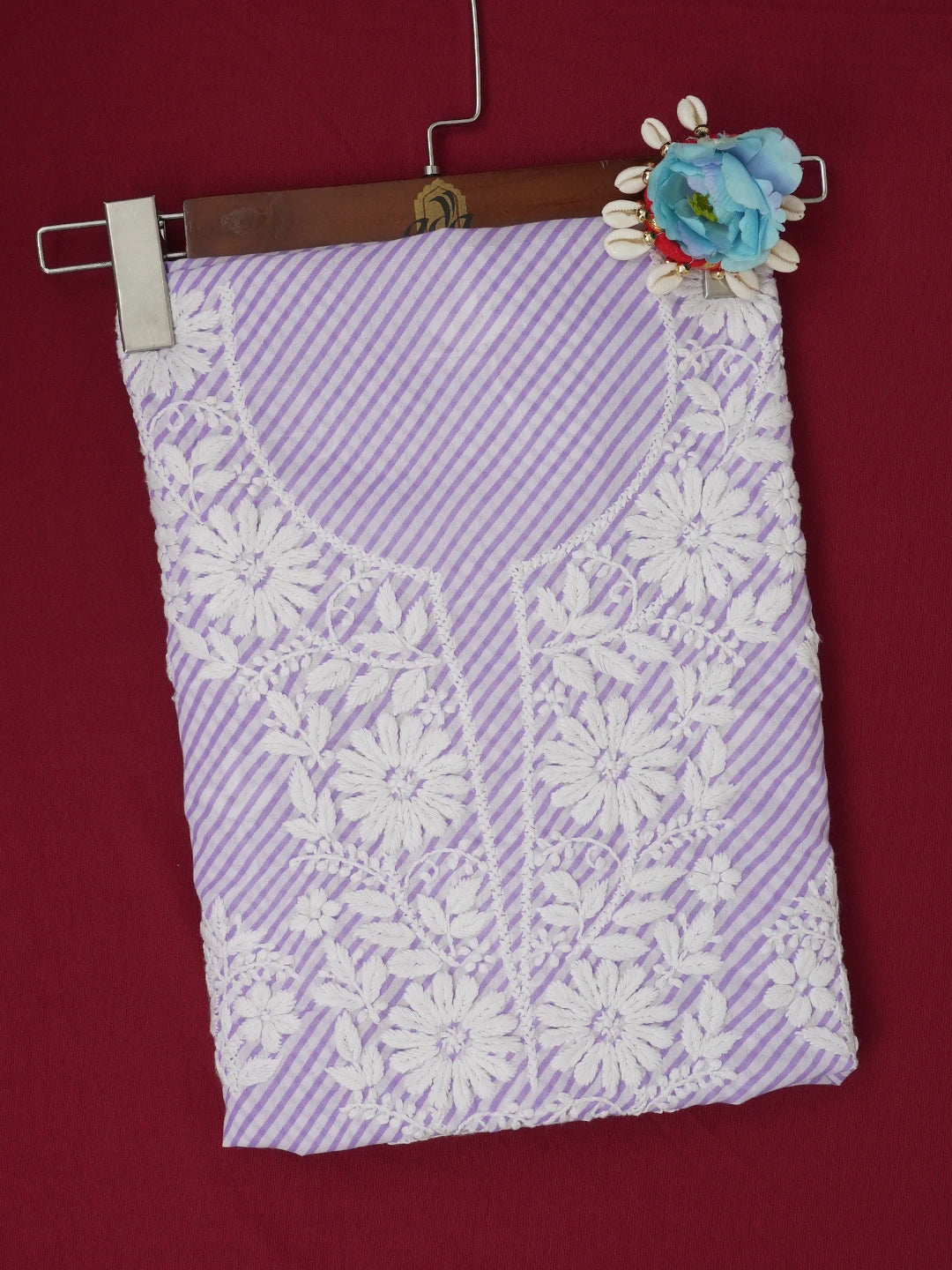 Ada Hand Embroidered Mauve and White Lehariya Print Cotton Lucknowi Chikankari Unstitched Kurta Piece 01A658426