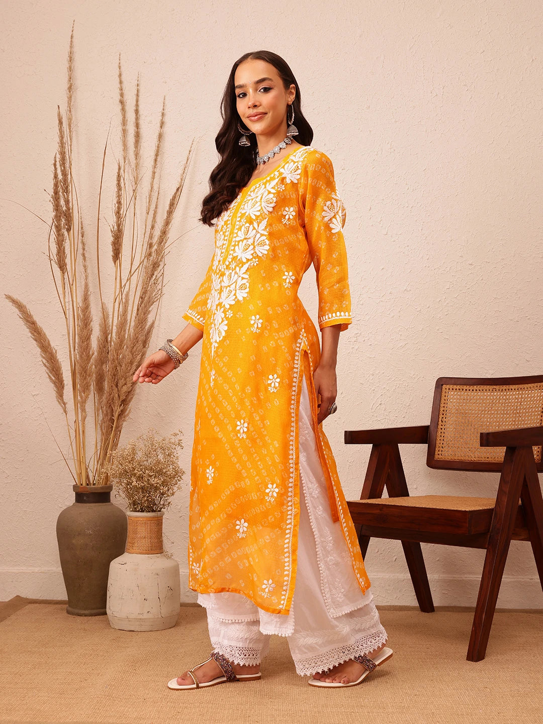Ada Hand Embroidered Bandhani Printed Mustard Kota Lucknowi Chikankari Straight Kurta With Slip A411719