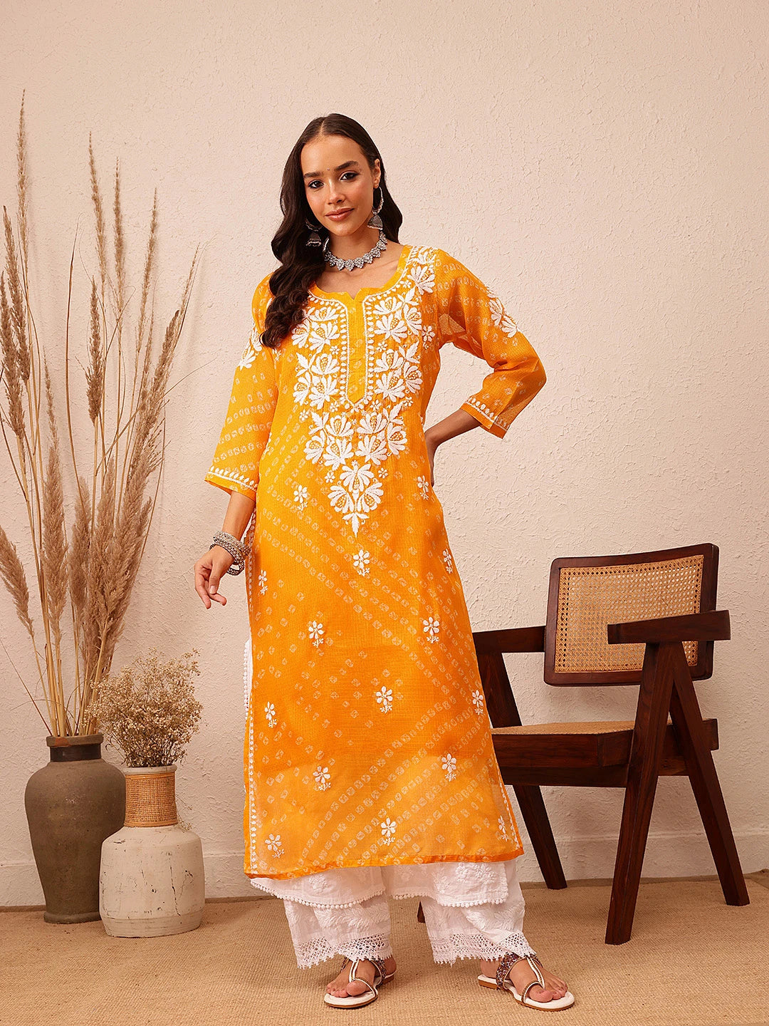 Ada Hand Embroidered Bandhani Printed Mustard Kota Lucknowi Chikankari Straight Kurta With Slip A411719