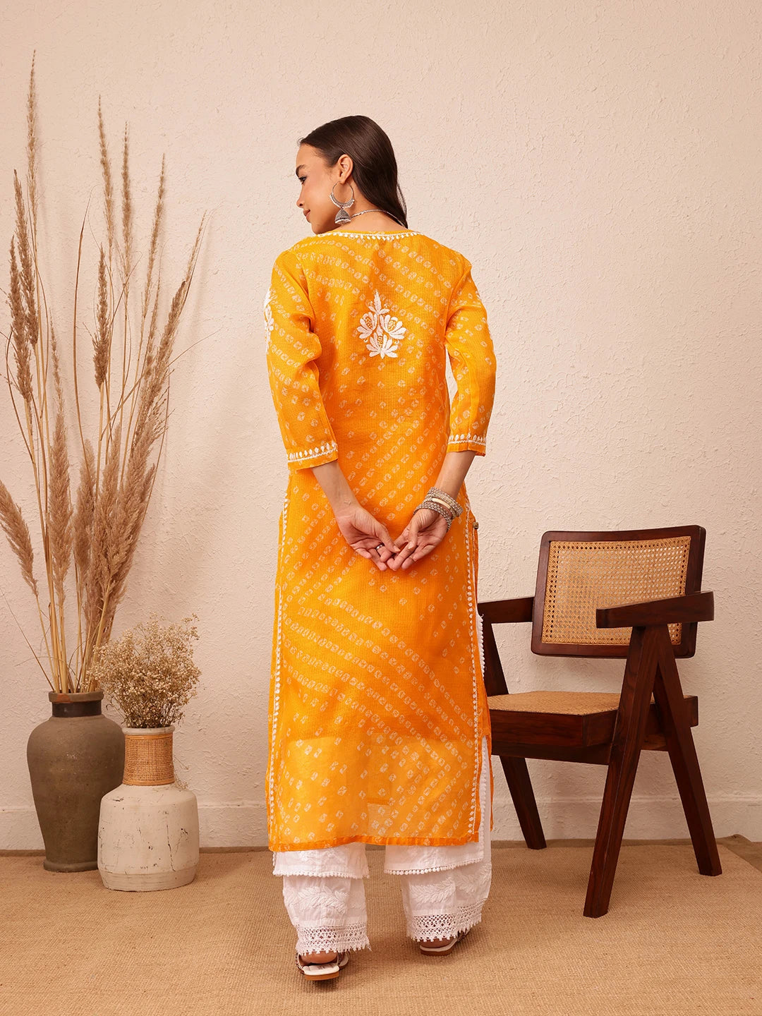 Ada Hand Embroidered Bandhani Printed Mustard Kota Lucknowi Chikankari Straight Kurta With Slip A411719