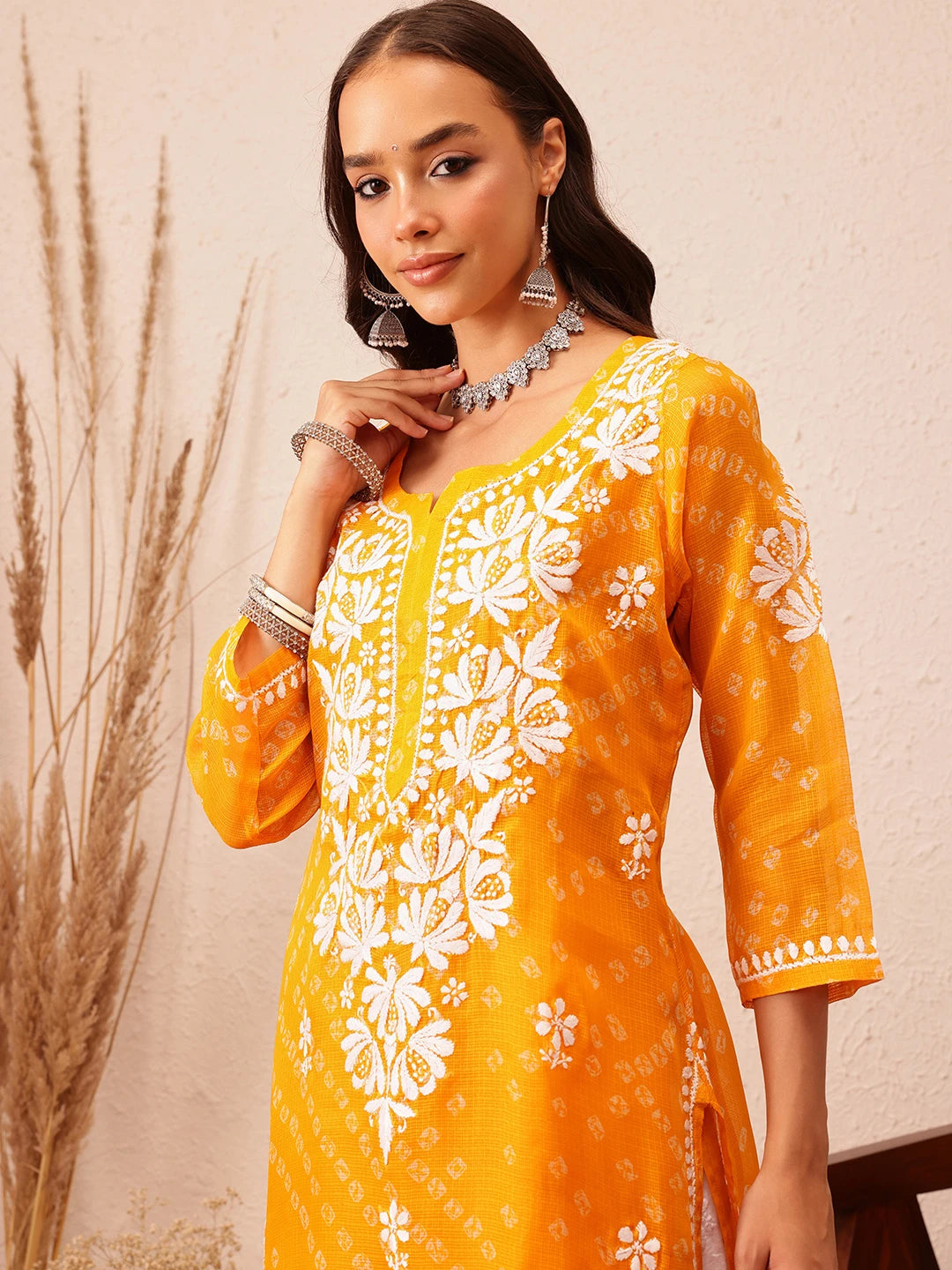 Ada Hand Embroidered Bandhani Printed Mustard Kota Lucknowi Chikankari Straight Kurta With Slip A411719
