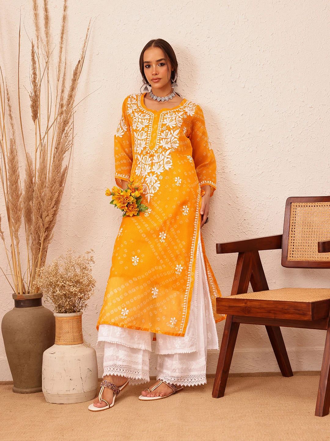 Ada Hand Embroidered Bandhani Printed Mustard Kota Lucknowi Chikankari Straight Kurta With Slip A411719