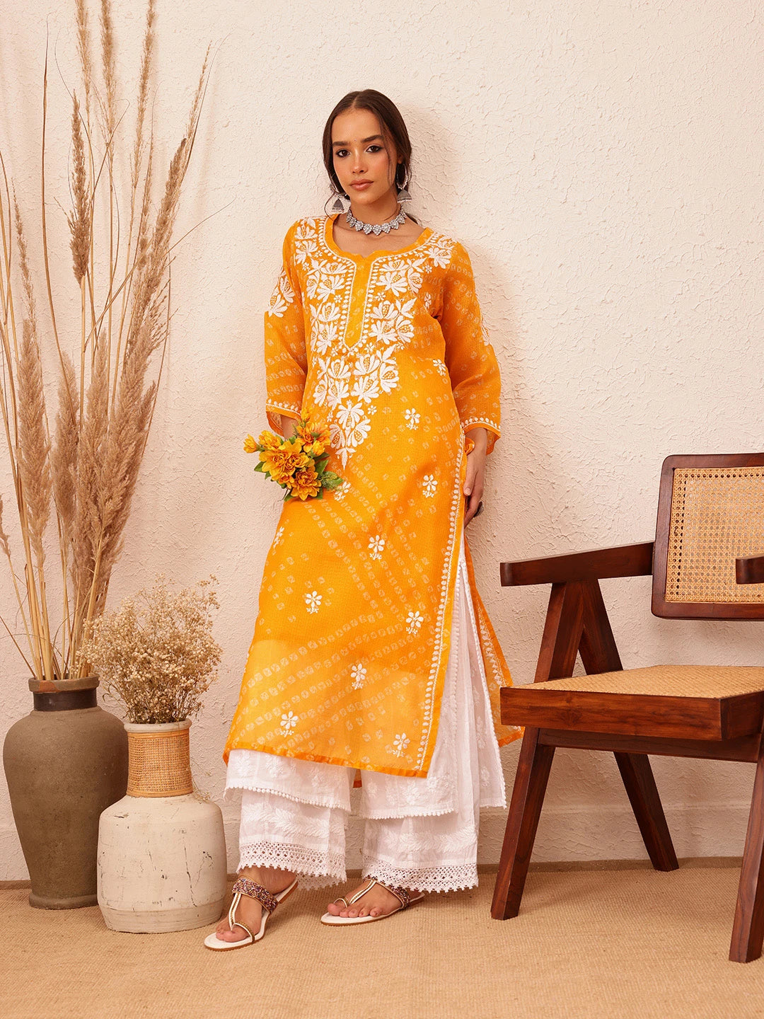 Ada Hand Embroidered Bandhani Printed Mustard Kota Lucknowi Chikankari Straight Kurta With Slip A411719