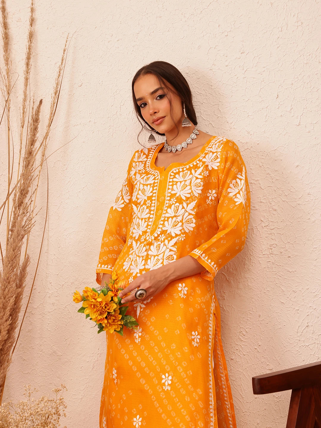 Ada Hand Embroidered Bandhani Printed Mustard Kota Lucknowi Chikankari Straight Kurta With Slip A411719