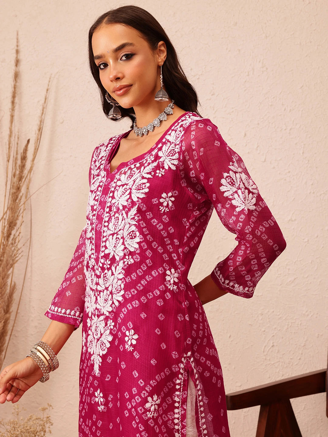 Ada Hand Embroidered Bandhani Printed Magenta Kota Lucknowi Chikankari Straight Kurta With Slip A411718