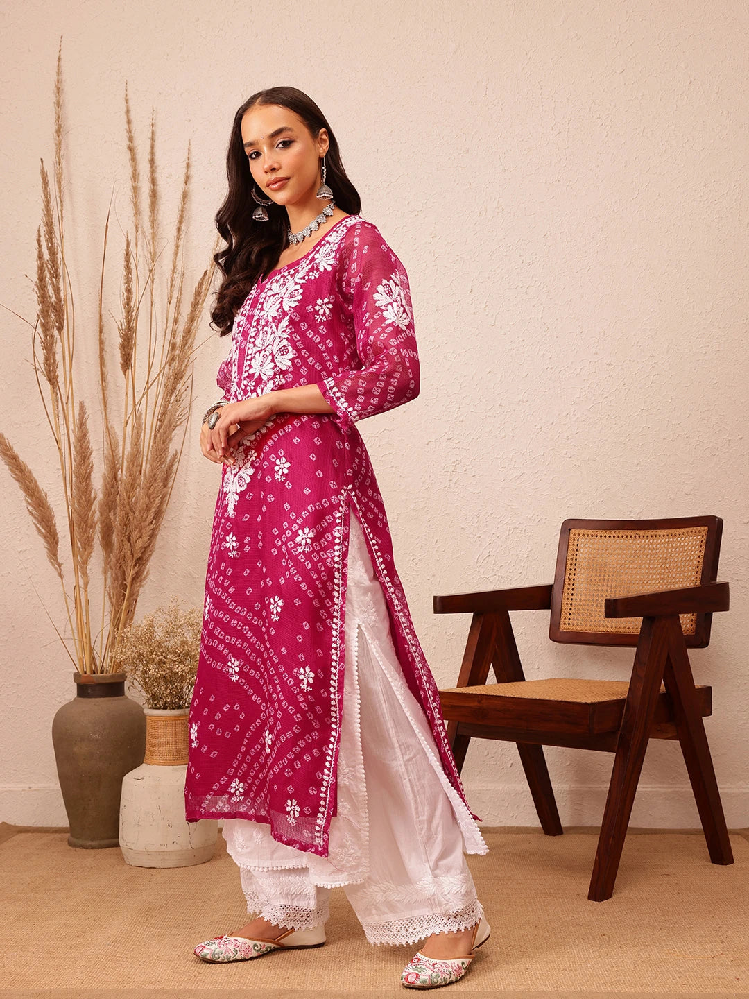 Ada Hand Embroidered Bandhani Printed Magenta Kota Lucknowi Chikankari Straight Kurta With Slip A411718