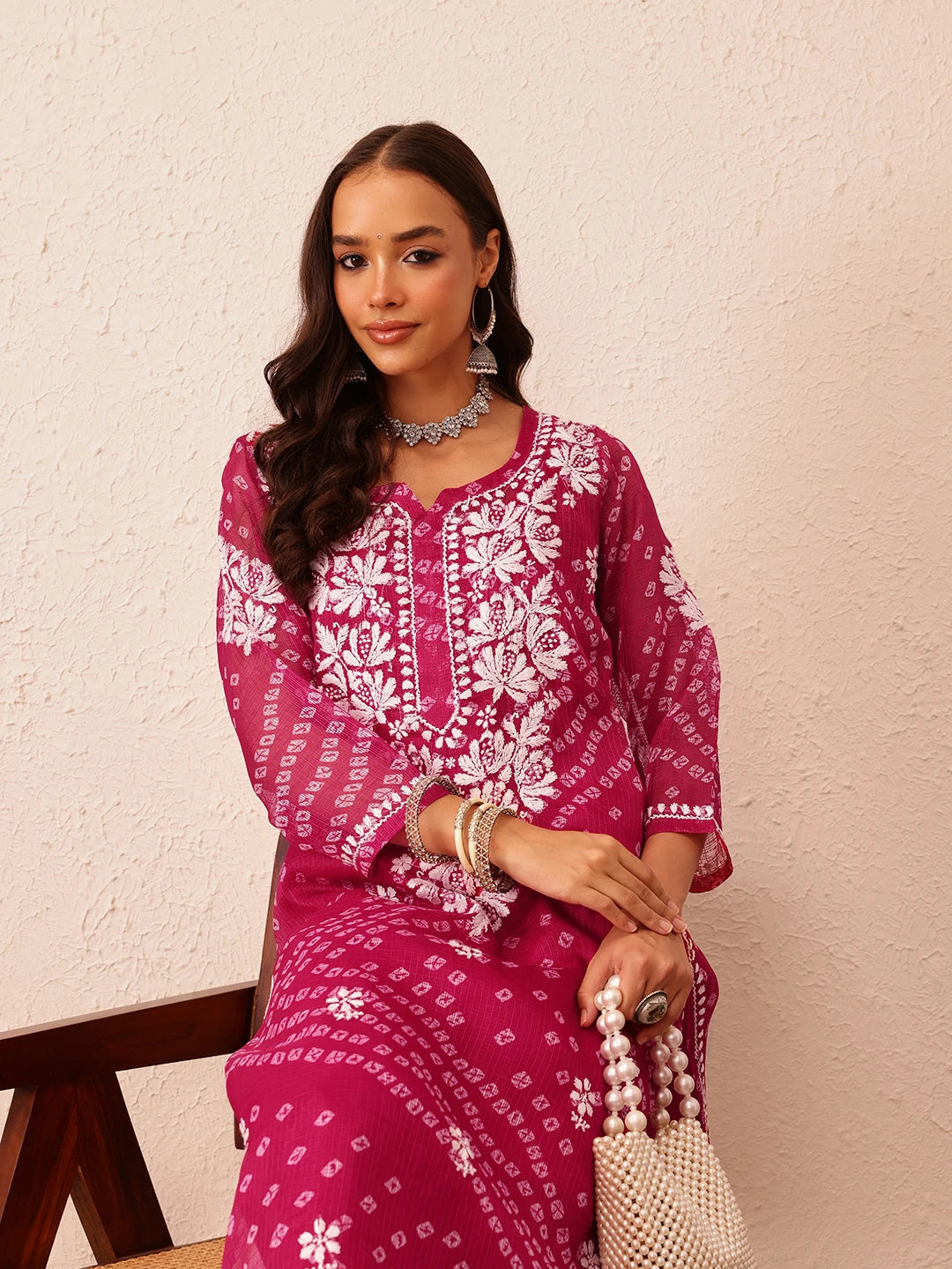 Ada Hand Embroidered Bandhani Printed Magenta Kota Lucknowi Chikankari Straight Kurta With Slip A411718