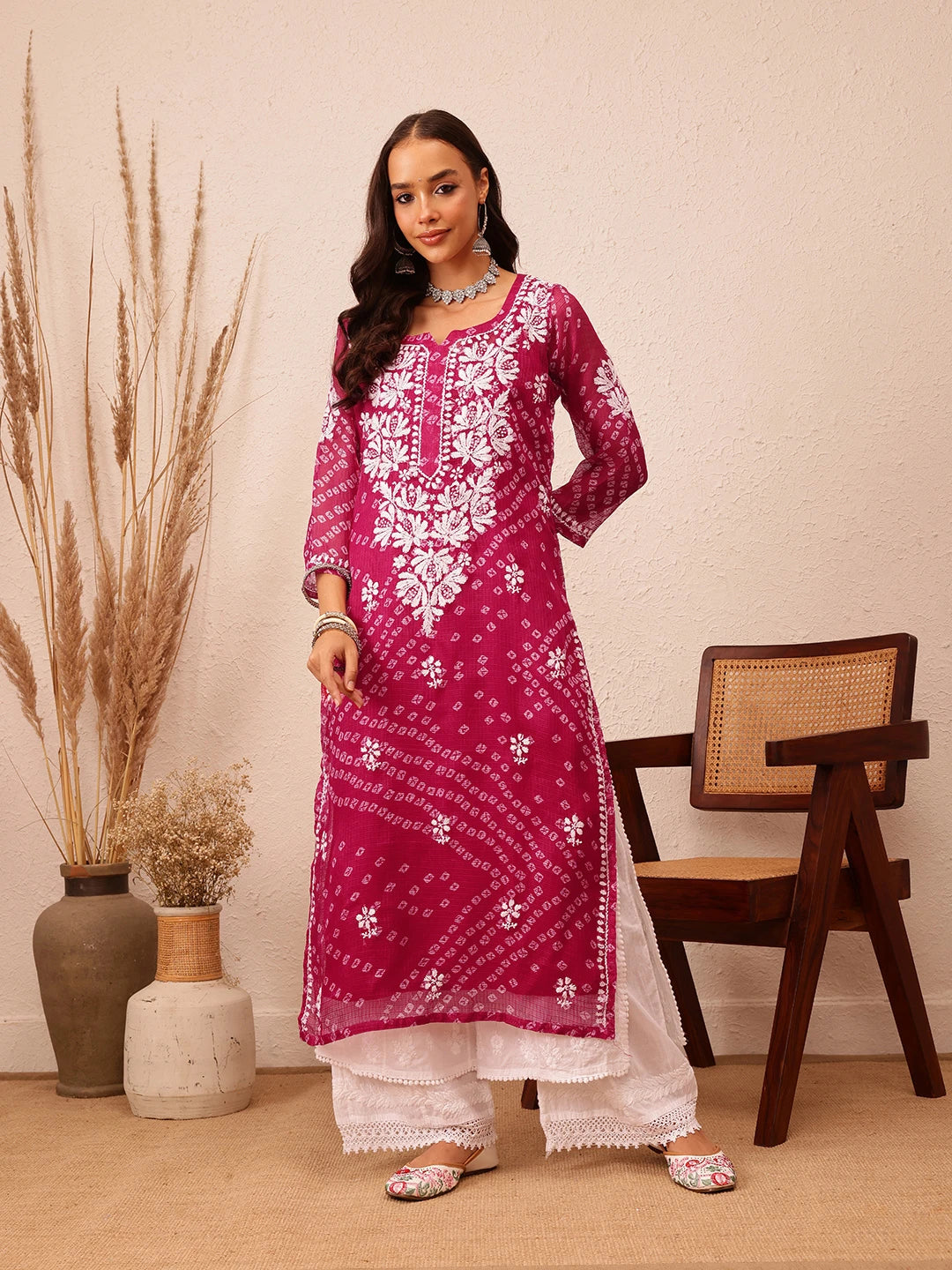 Ada Hand Embroidered Bandhani Printed Magenta Kota Lucknowi Chikankari Straight Kurta With Slip A411718