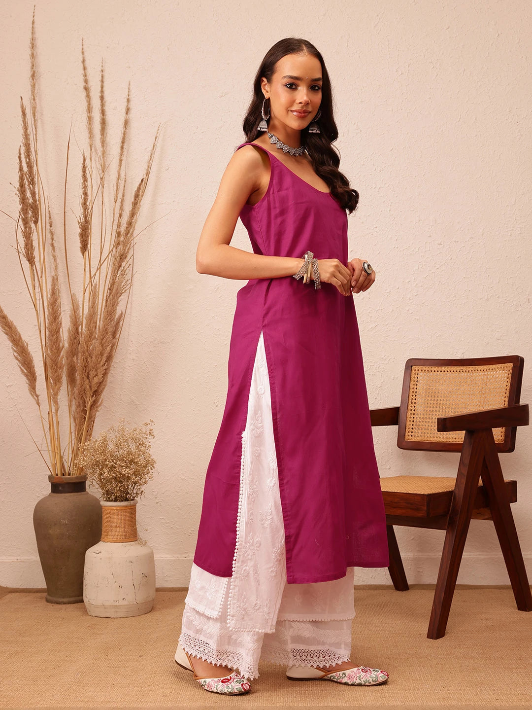 Ada Hand Embroidered Bandhani Printed Magenta Kota Lucknowi Chikankari Straight Kurta With Slip A411718