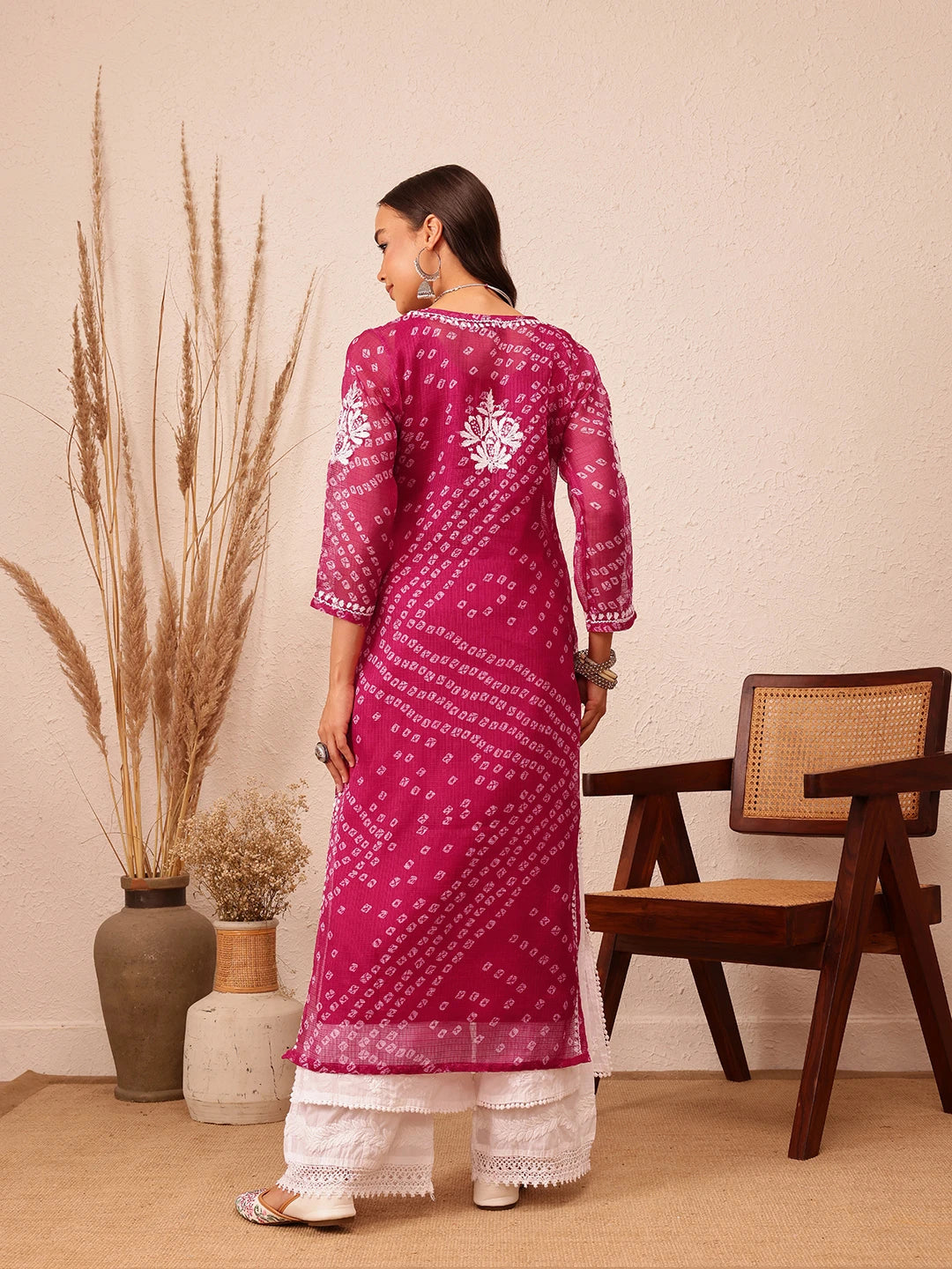 Ada Hand Embroidered Bandhani Printed Magenta Kota Lucknowi Chikankari Straight Kurta With Slip A411718