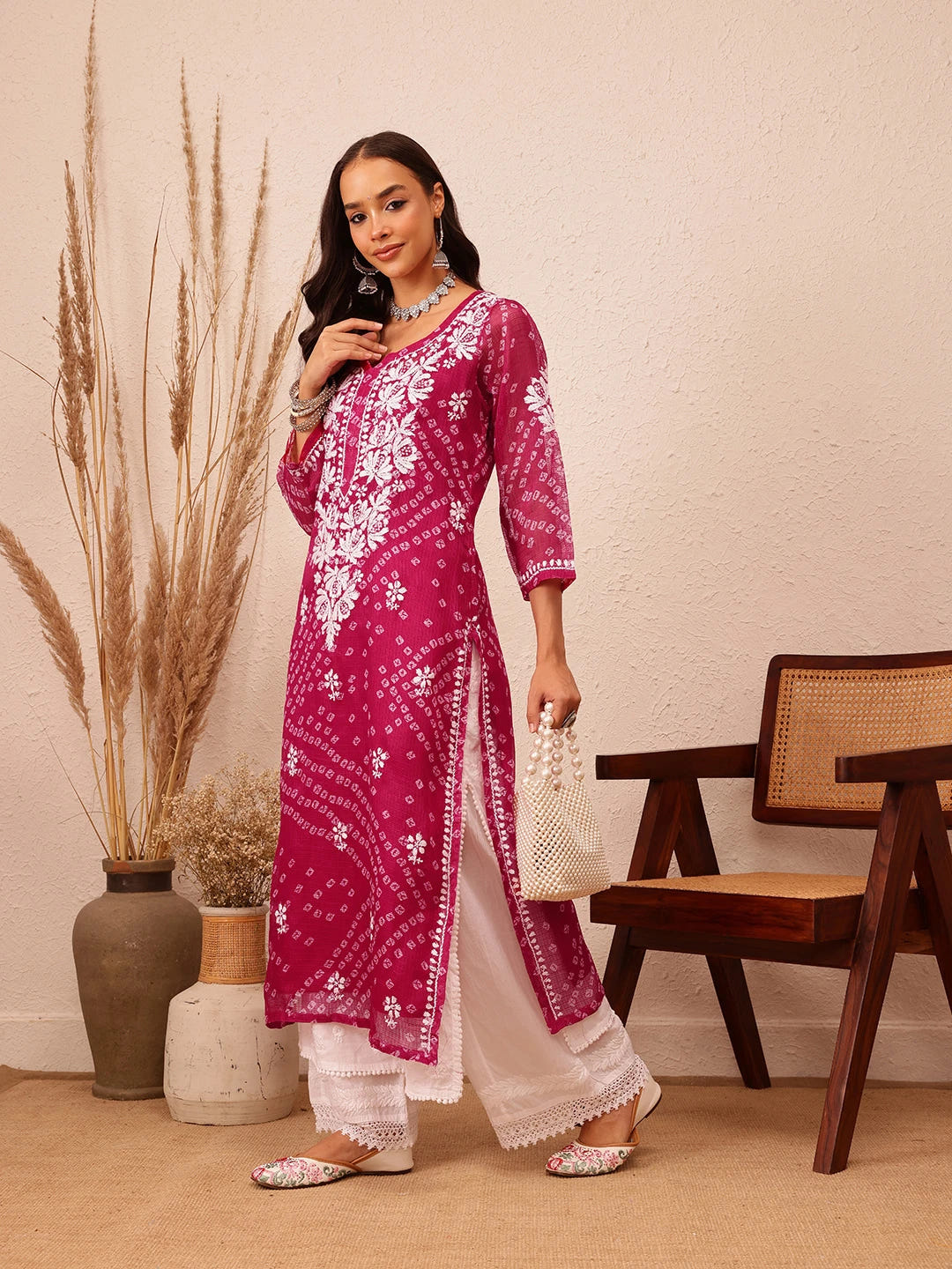 Ada Hand Embroidered Bandhani Printed Magenta Kota Lucknowi Chikankari Straight Kurta With Slip A411718