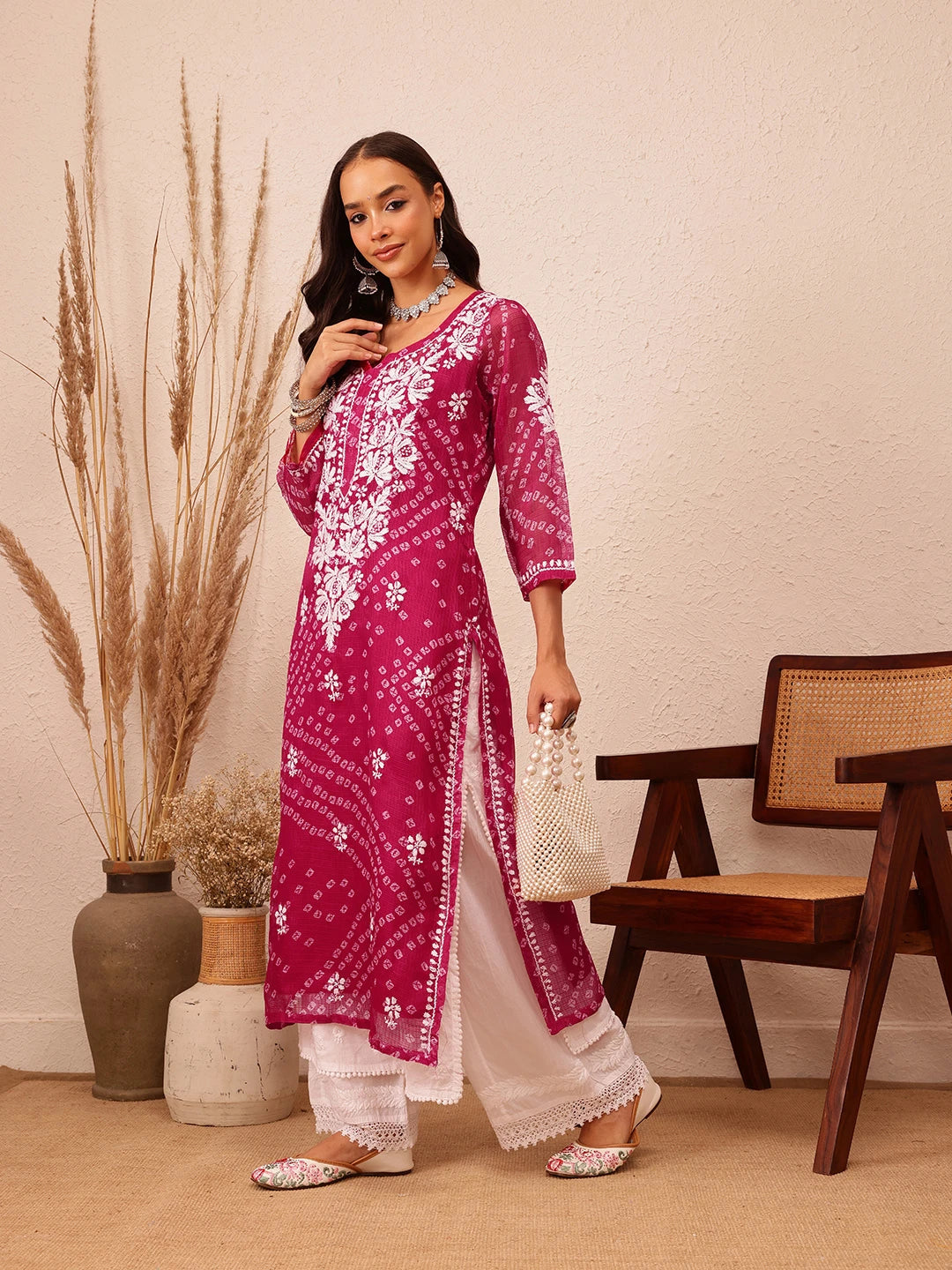 Ada Hand Embroidered Bandhani Printed Magenta Kota Lucknowi Chikankari Straight Kurta With Slip A411718
