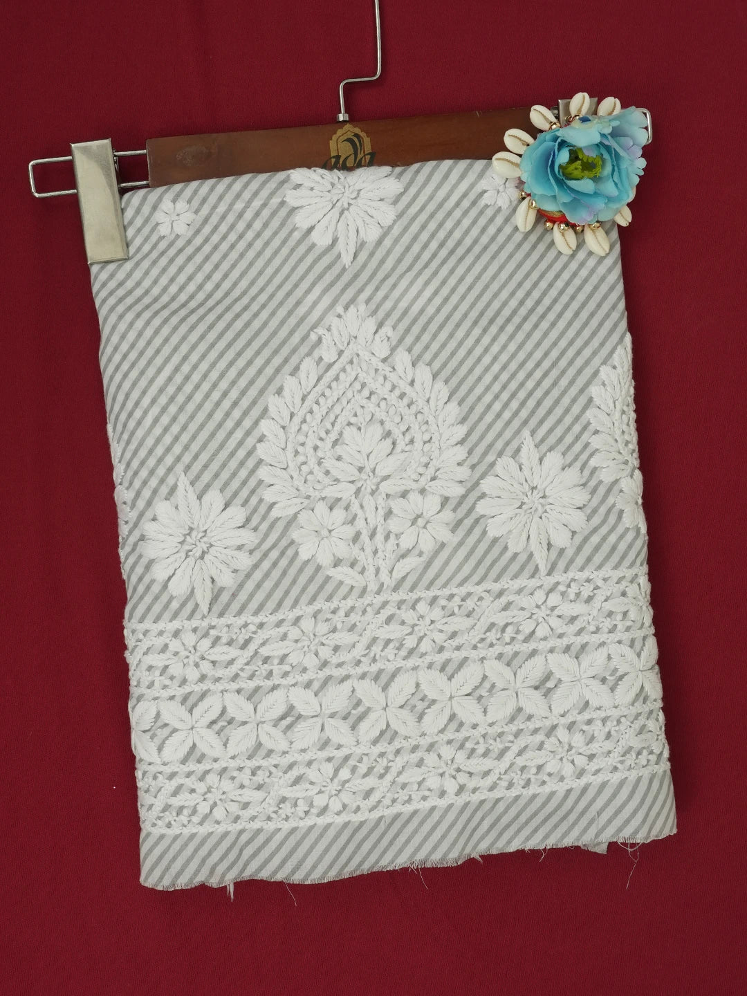 Ada Hand Embroidered Grey and White Lehariya Print Cotton Lucknowi Chikankari Unstitched Kurta Piece 01A658415