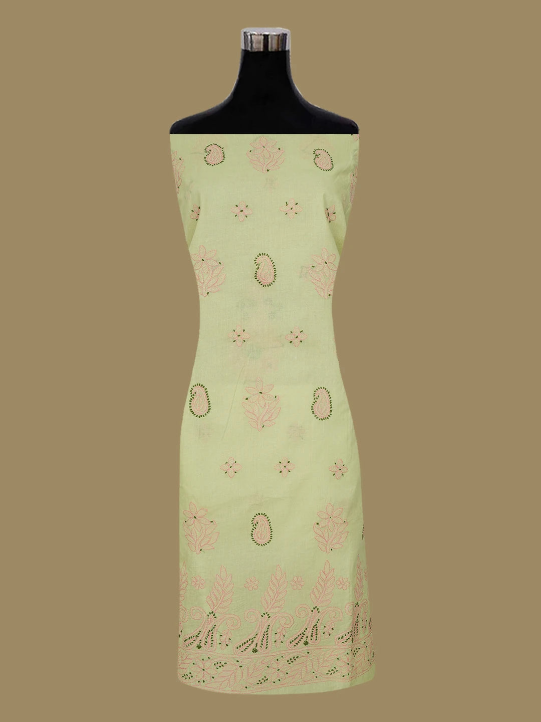 Ada Hand Embroidered Mehendi Green Cotton Lucknowi Chikankari Unstitched Suit Piece 01A644893