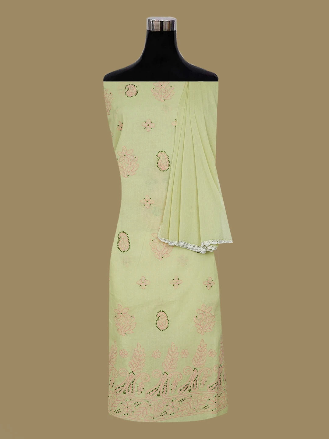 Ada Hand Embroidered Mehendi Green Cotton Lucknowi Chikankari Unstitched Suit Piece 01A644893