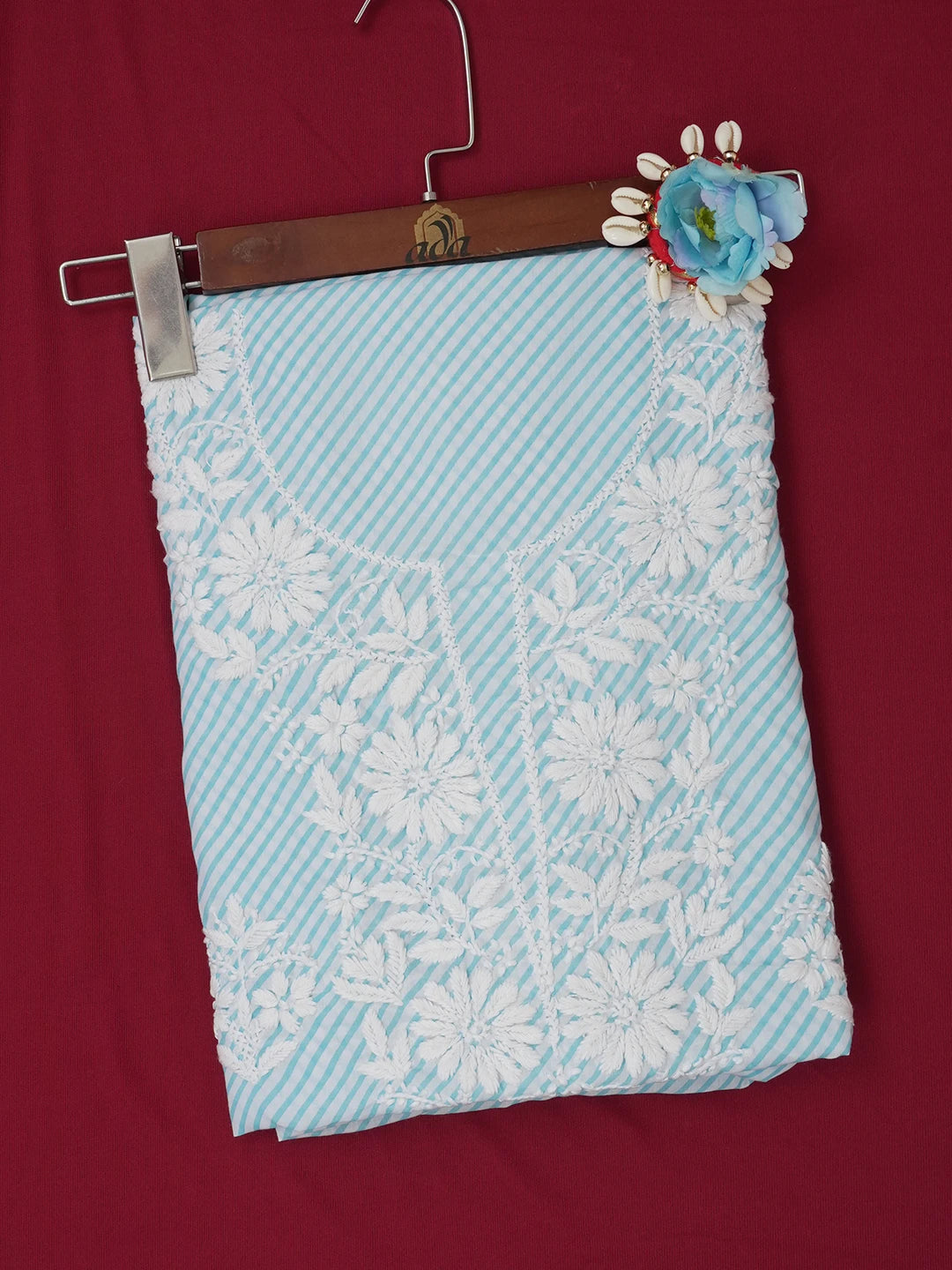 Ada Hand Embroidered Blue and White Lehariya Print Cotton Lucknowi Chikankari Unstitched Kurta Piece 01A658436